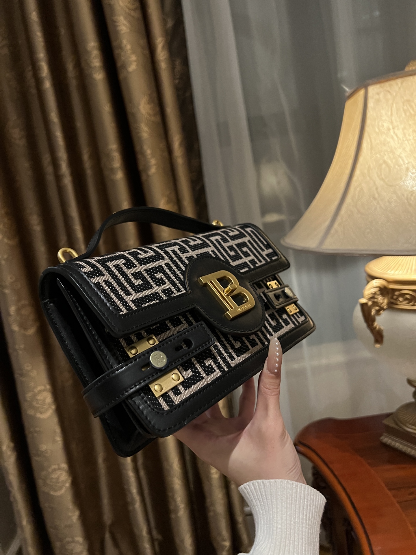 B-Buzz Shoulder 24 Purse - Balmain - Cotton - Ivory/Black