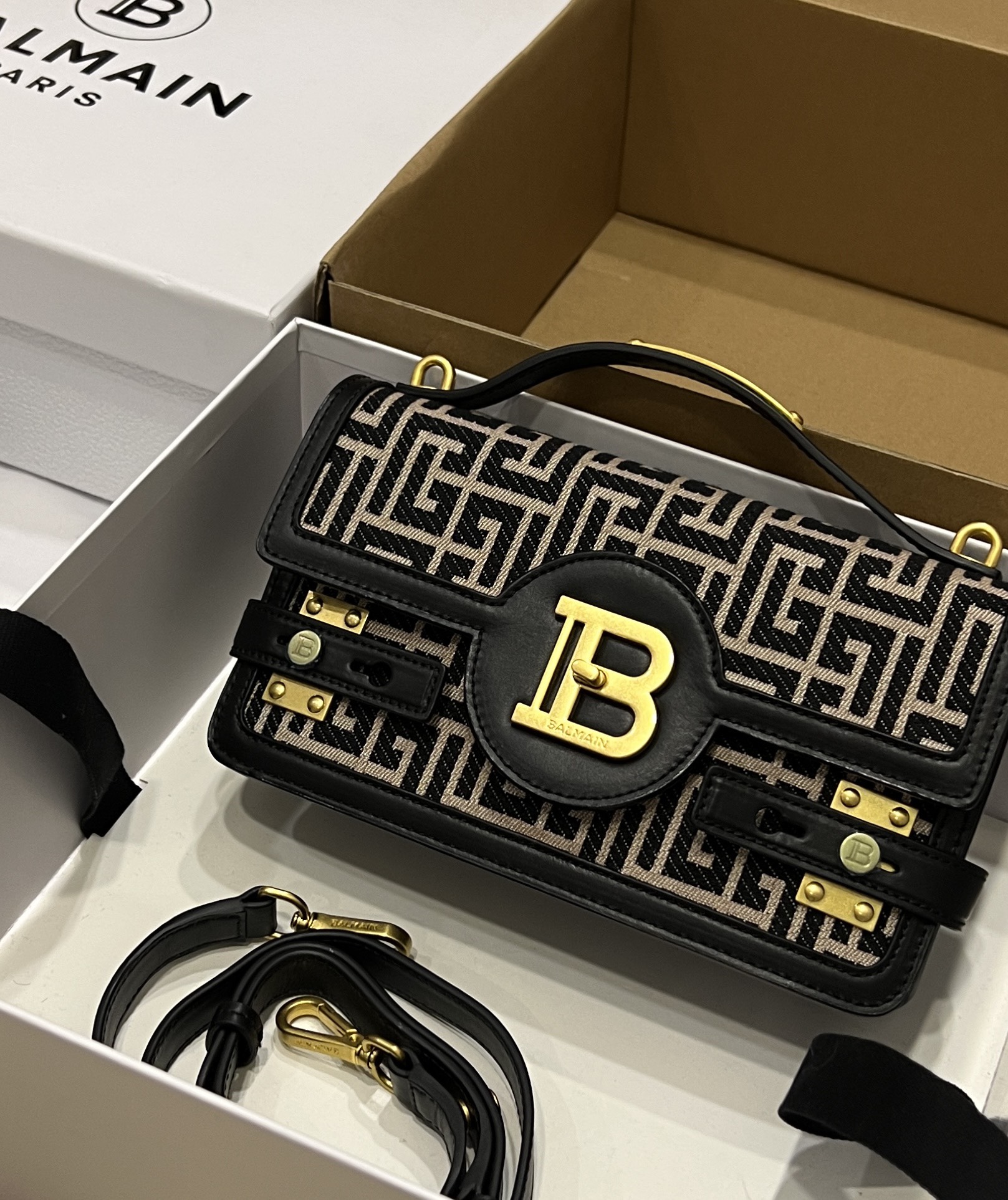 B-Buzz Shoulder 24 Purse - Balmain - Cotton - Ivory/Black ref.1752092 -  BALMAIN 00029