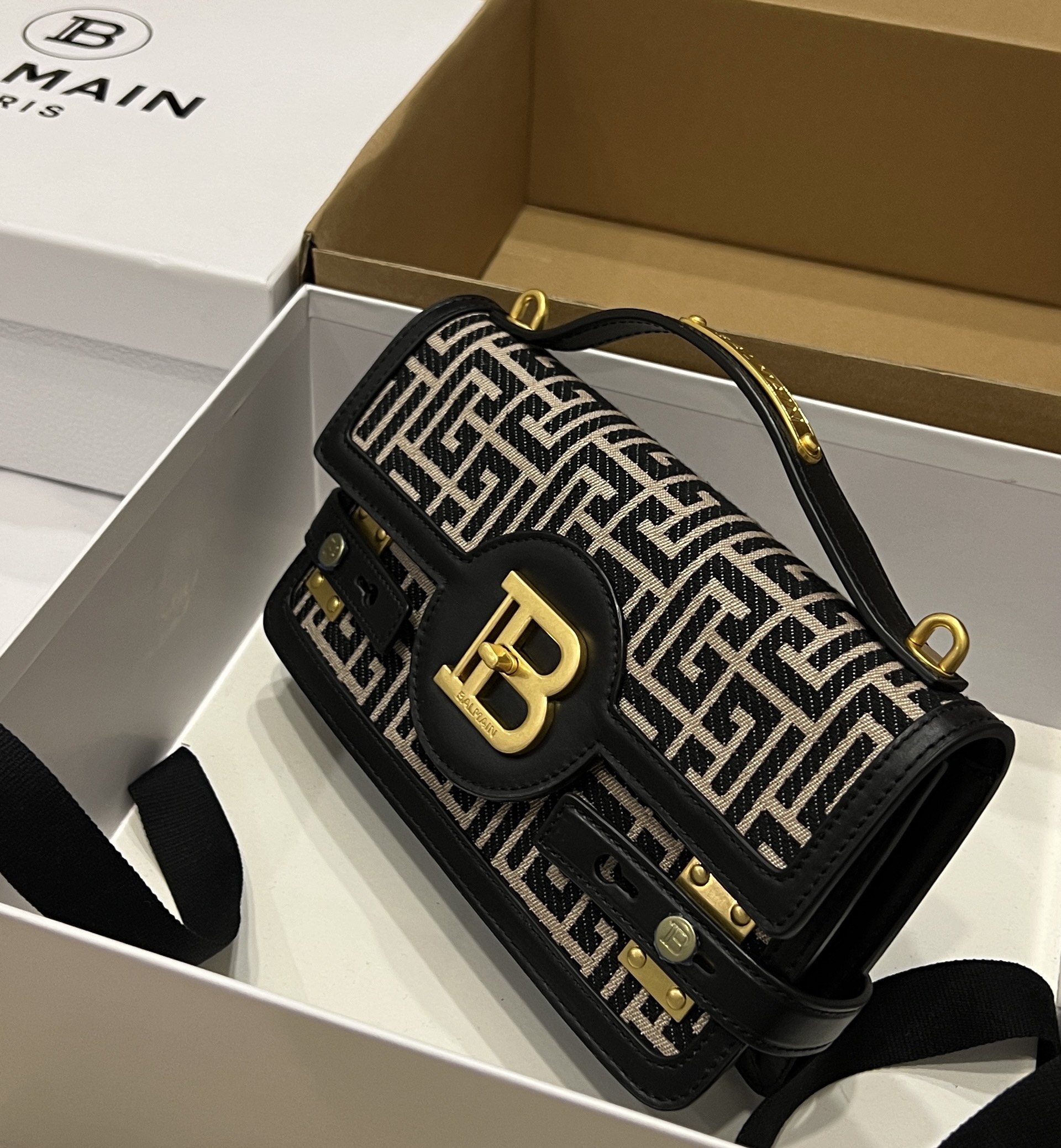 B-Buzz Shoulder 24 Purse – Balmain – Cotton – Ivory/Black ref.1752092 –  BALMAIN 00029