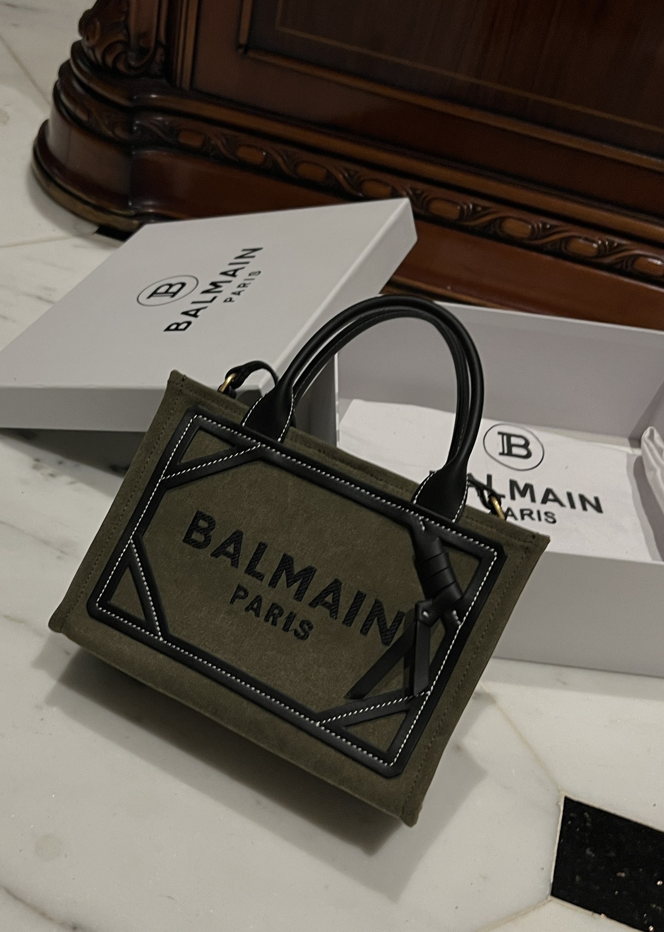 BALMAIN B Army 42 khaki green & black canvas & leather tote