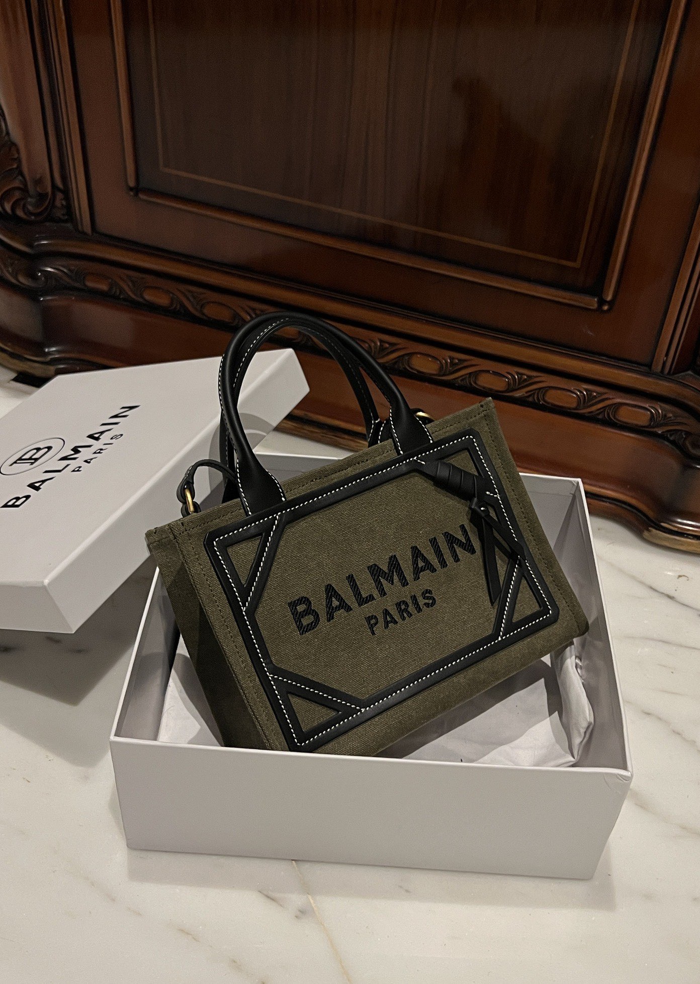 BALMAIN B Army 42 khaki green & black canvas & leather tote