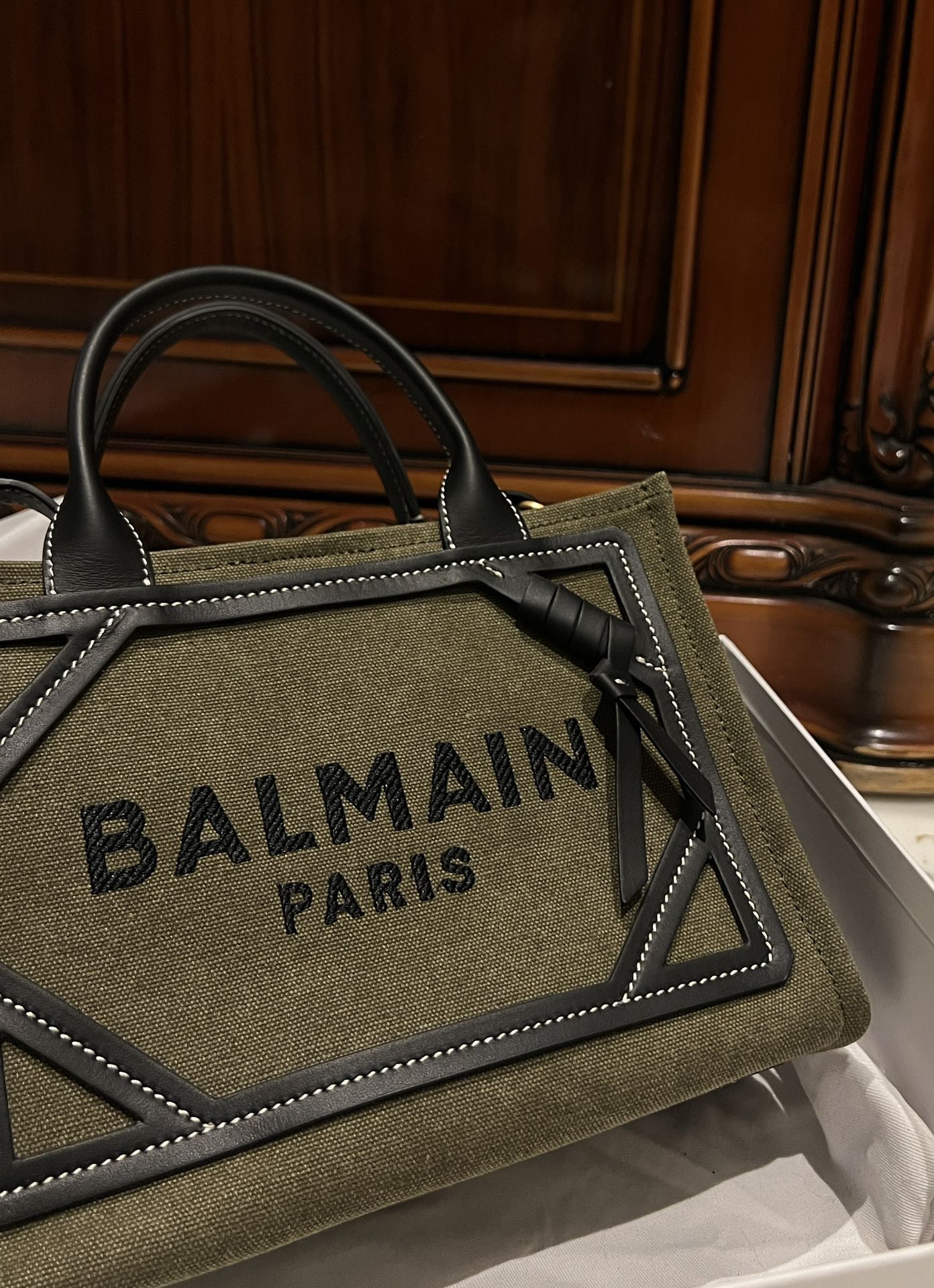 BALMAIN B Army 42 khaki green & black canvas & leather tote