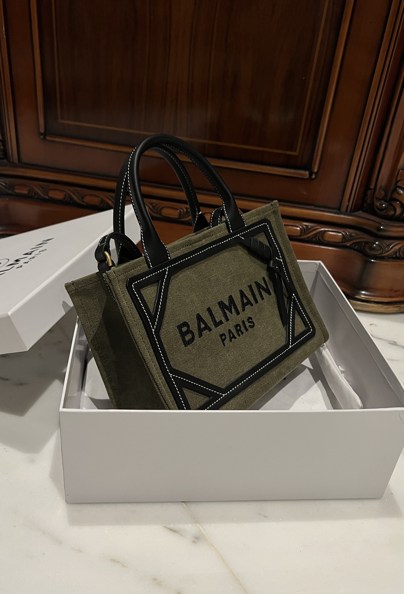 BALMAIN B Army 42 khaki green & black canvas & leather tote