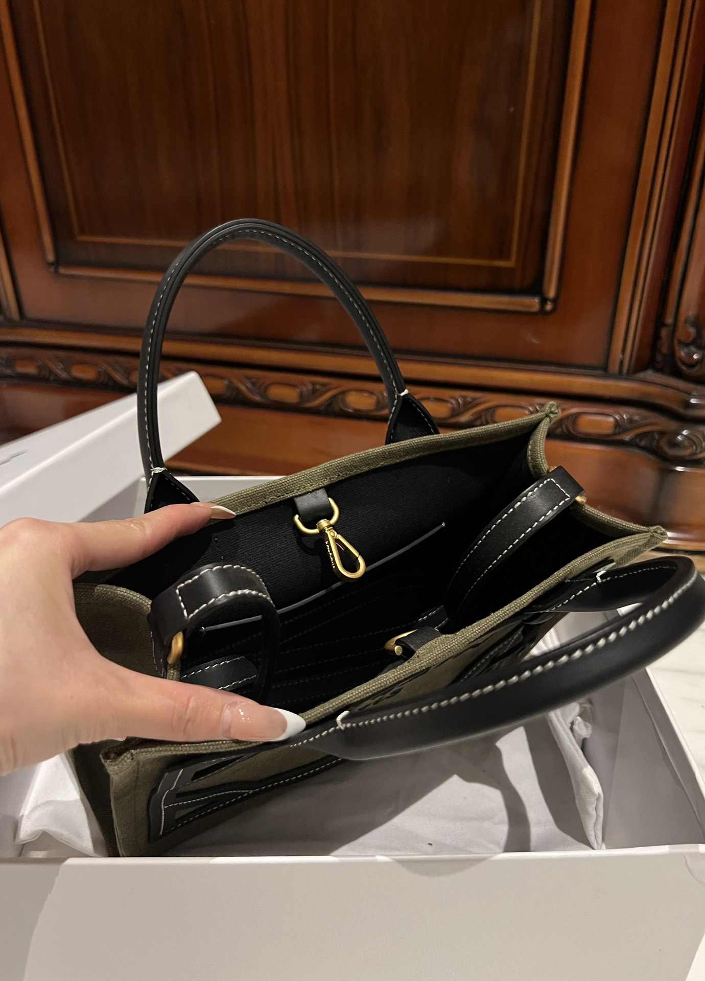 BALMAIN B Army 42 khaki green & black canvas & leather tote