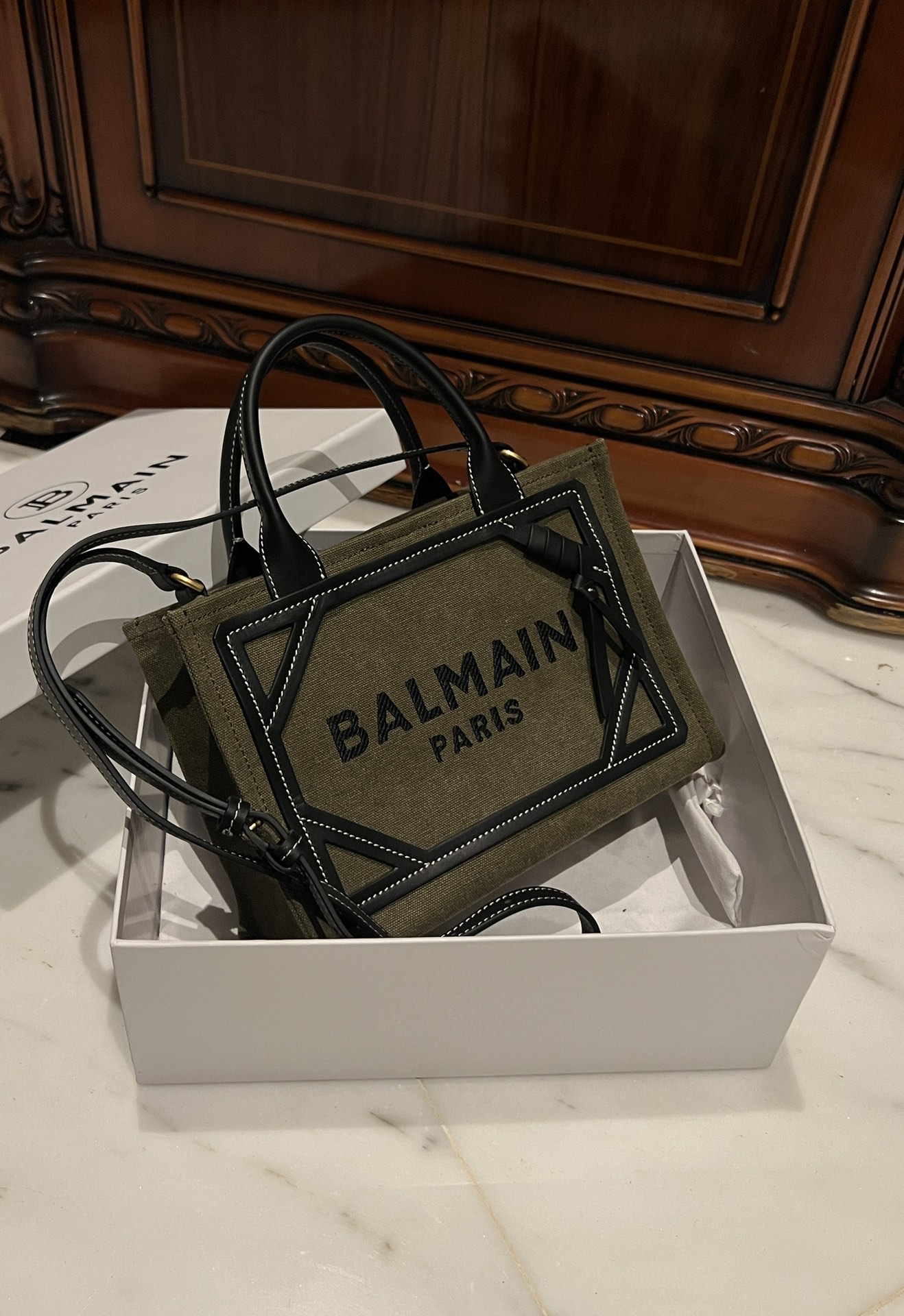 BALMAIN B Army 42 khaki green & black canvas & leather tote