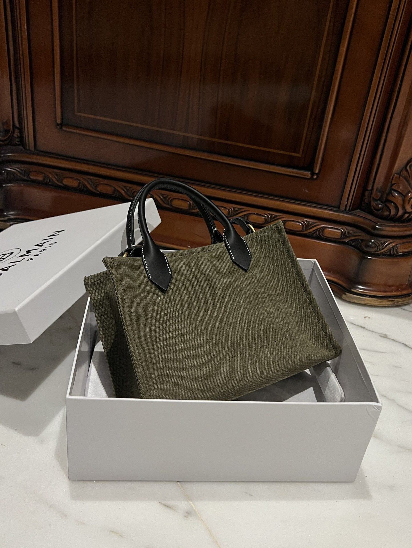 BALMAIN B Army 42 khaki green & black canvas & leather tote