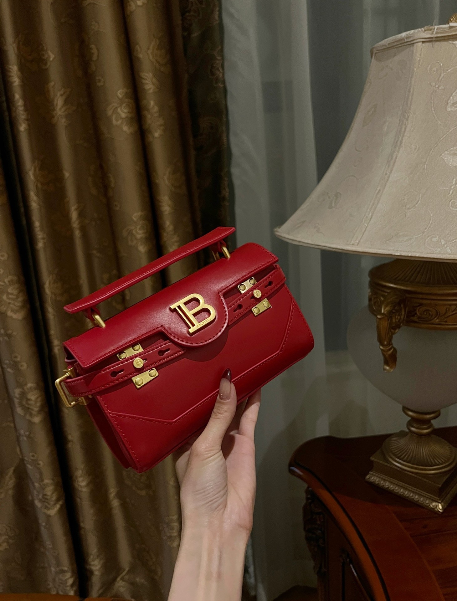 Balmain Smooth leather B-Buzz 24 bag in red- Women | BALMAIN