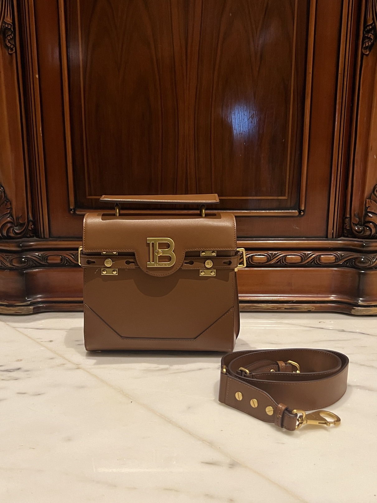 Balmain Smooth leather B-Buzz 23 bag brown brown – Women | BALMAIN