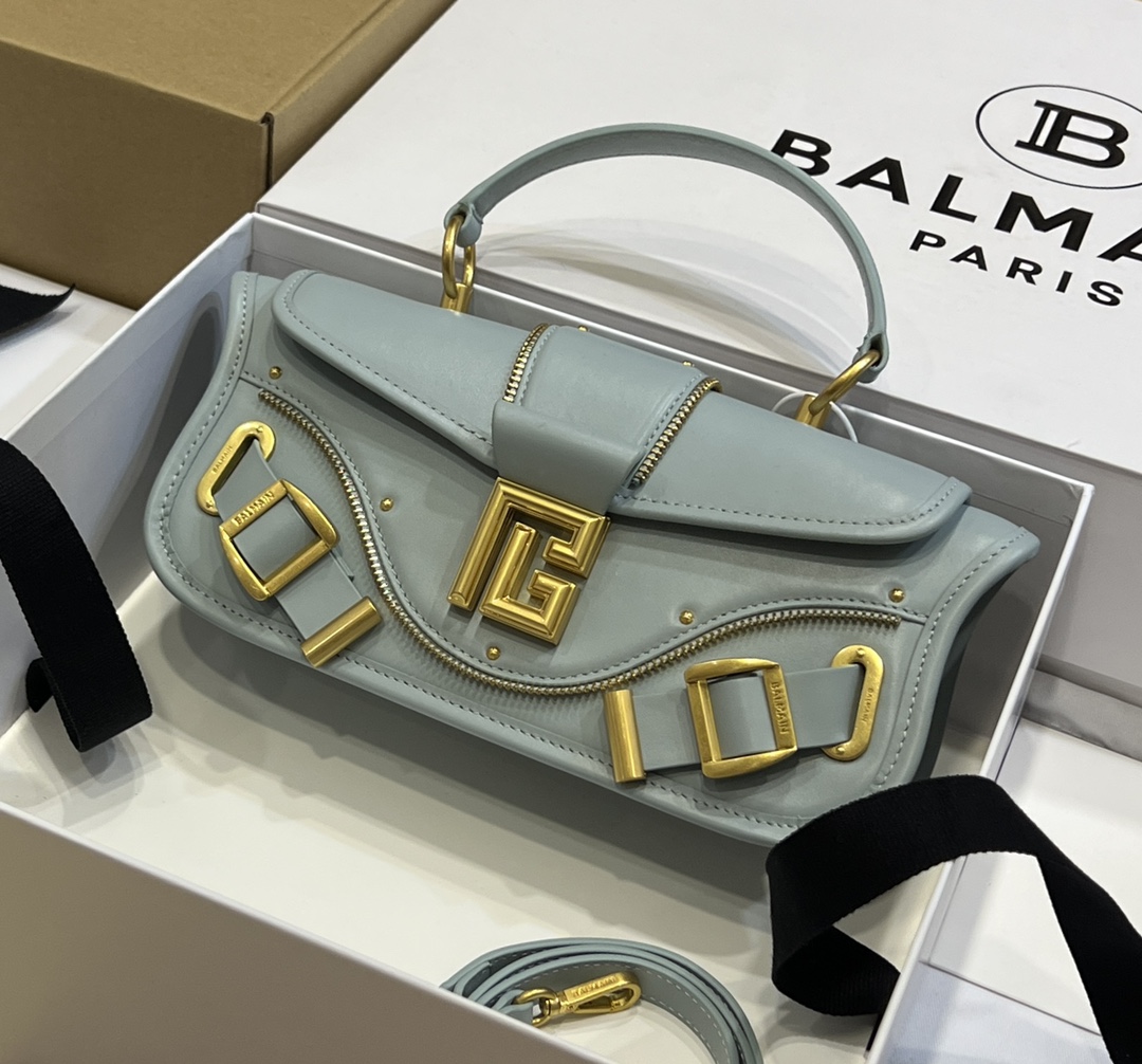 Balmain Blaze Box Leather Pouch Crossbody Bag in gray