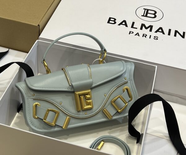 Balmain Blaze Box Leather Pouch Crossbody Bag in gray