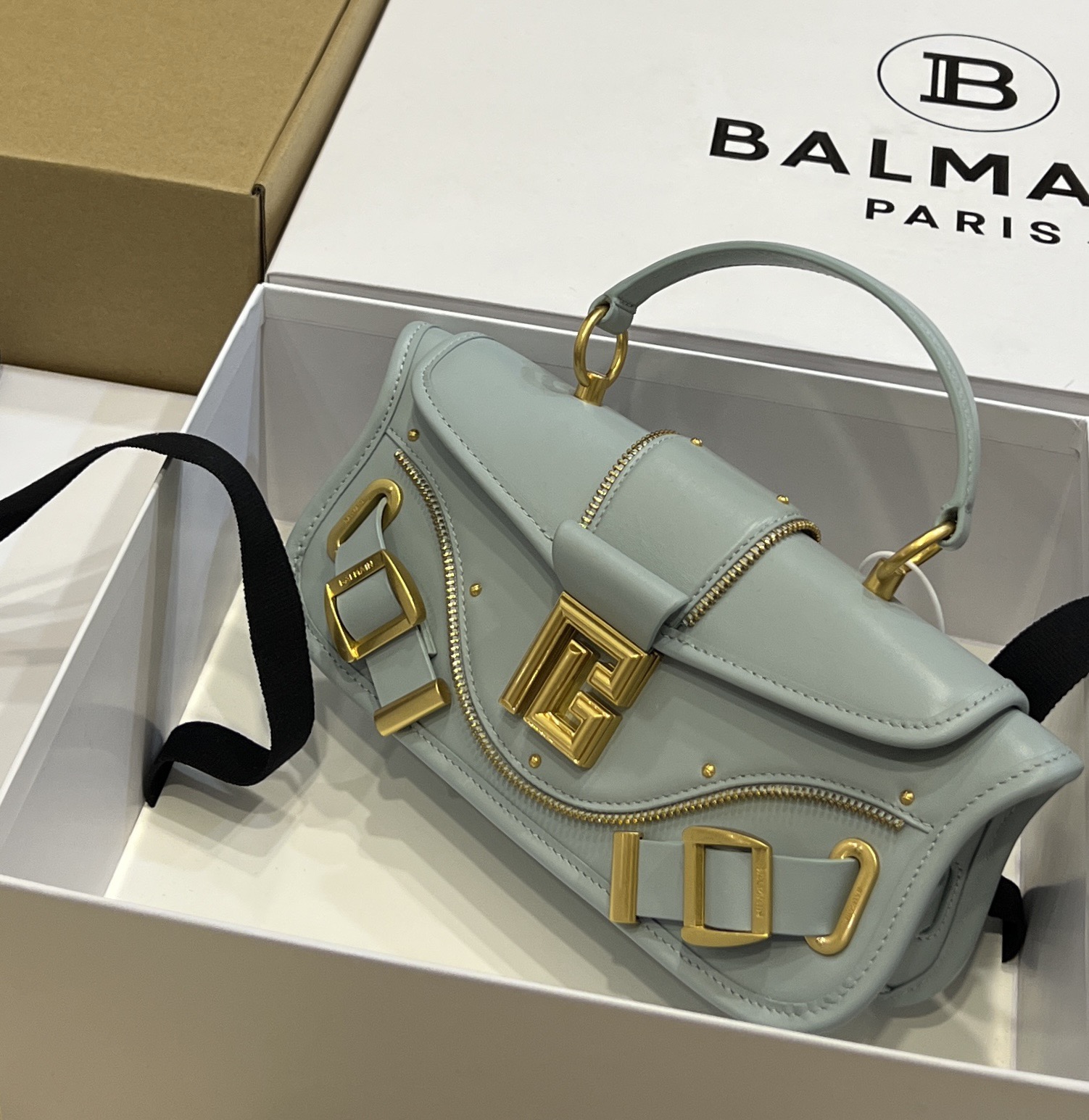 Balmain Blaze Box Leather Pouch Crossbody Bag in gray