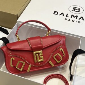 Balmain – Blaze red leather baguette bag with metal logo