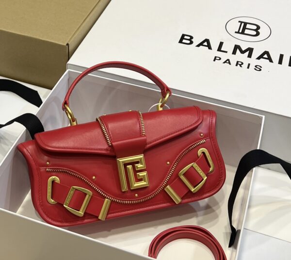 Balmain - Blaze red leather baguette bag with metal logo