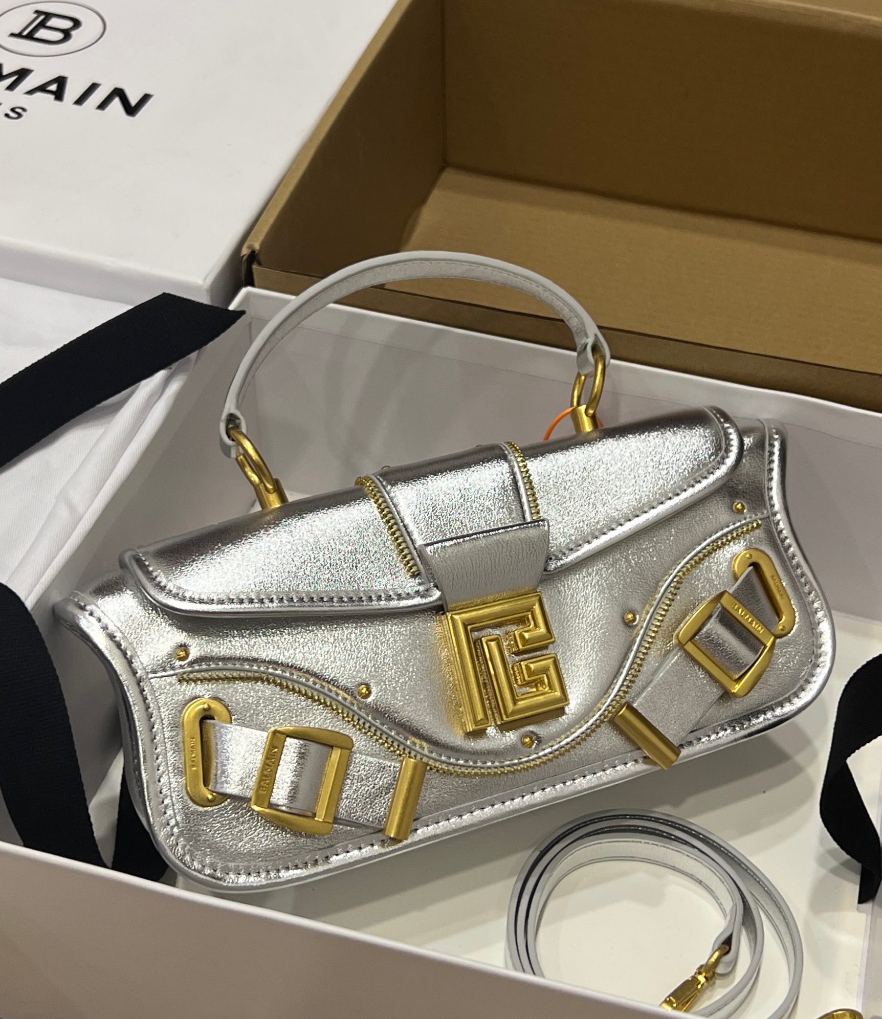 Balmain Leather Blaze Handle Bag w/Strap w/ Tags - silver