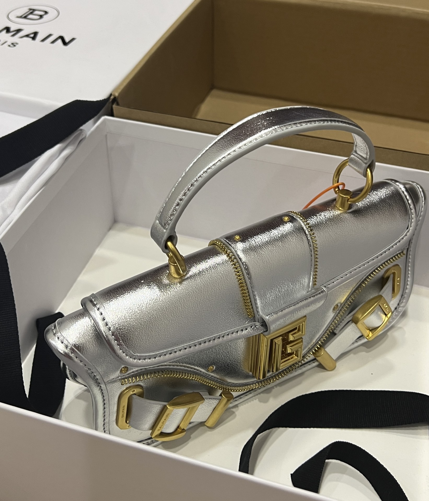 Balmain Leather Blaze Handle Bag w/Strap w/ Tags - silver