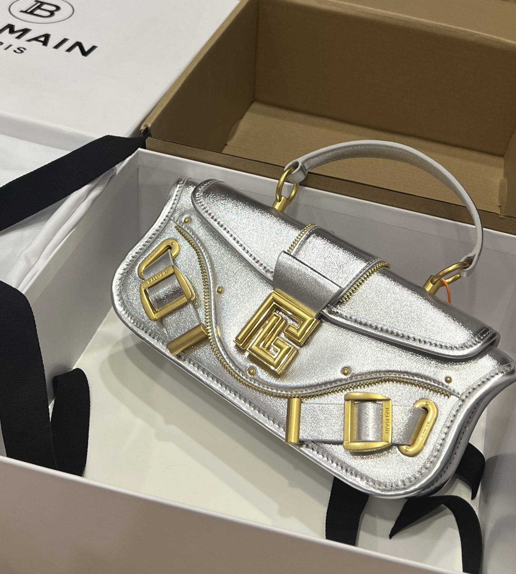Balmain Leather Blaze Handle Bag w/Strap w/ Tags - silver