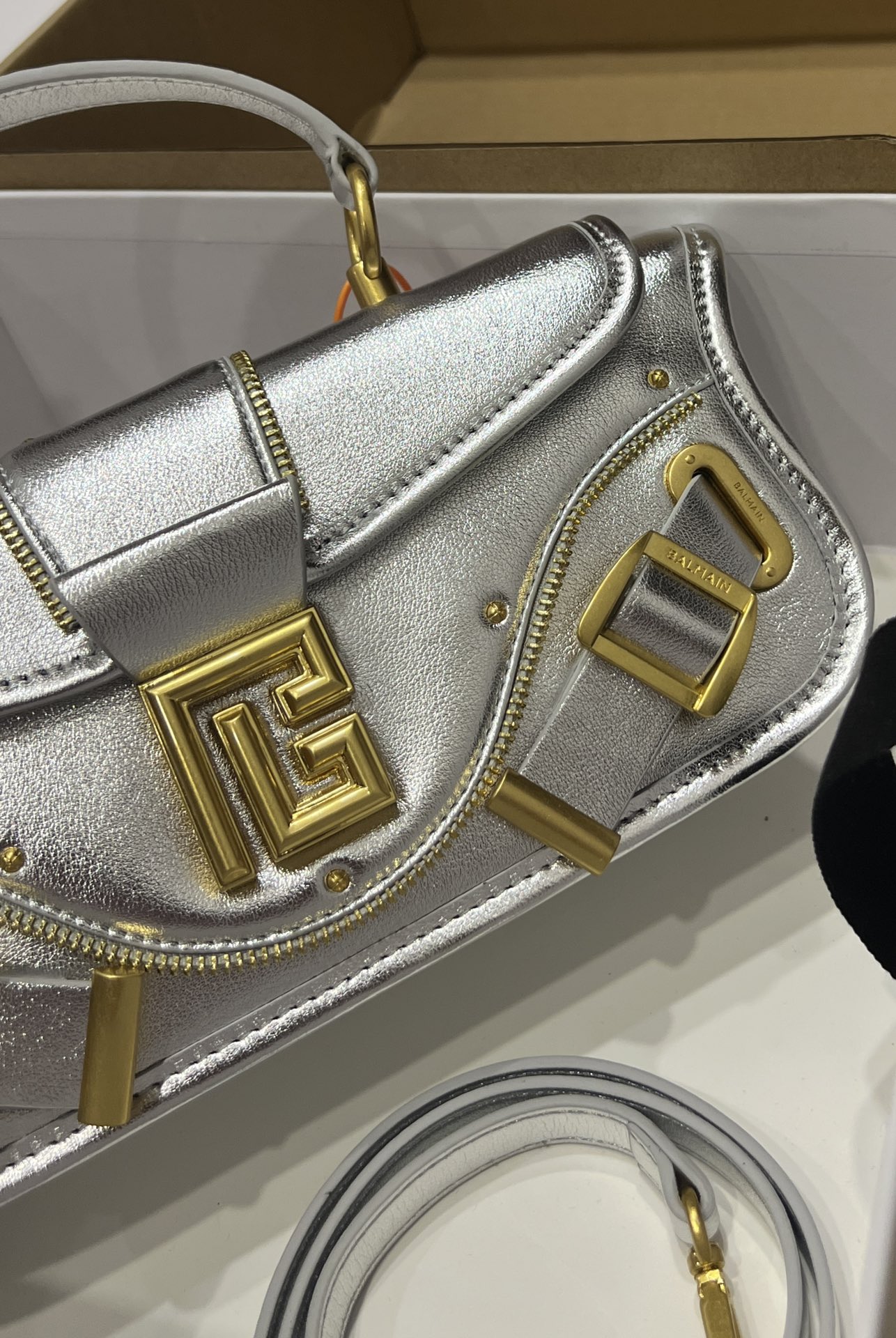 Balmain Leather Blaze Handle Bag w/Strap w/ Tags - silver