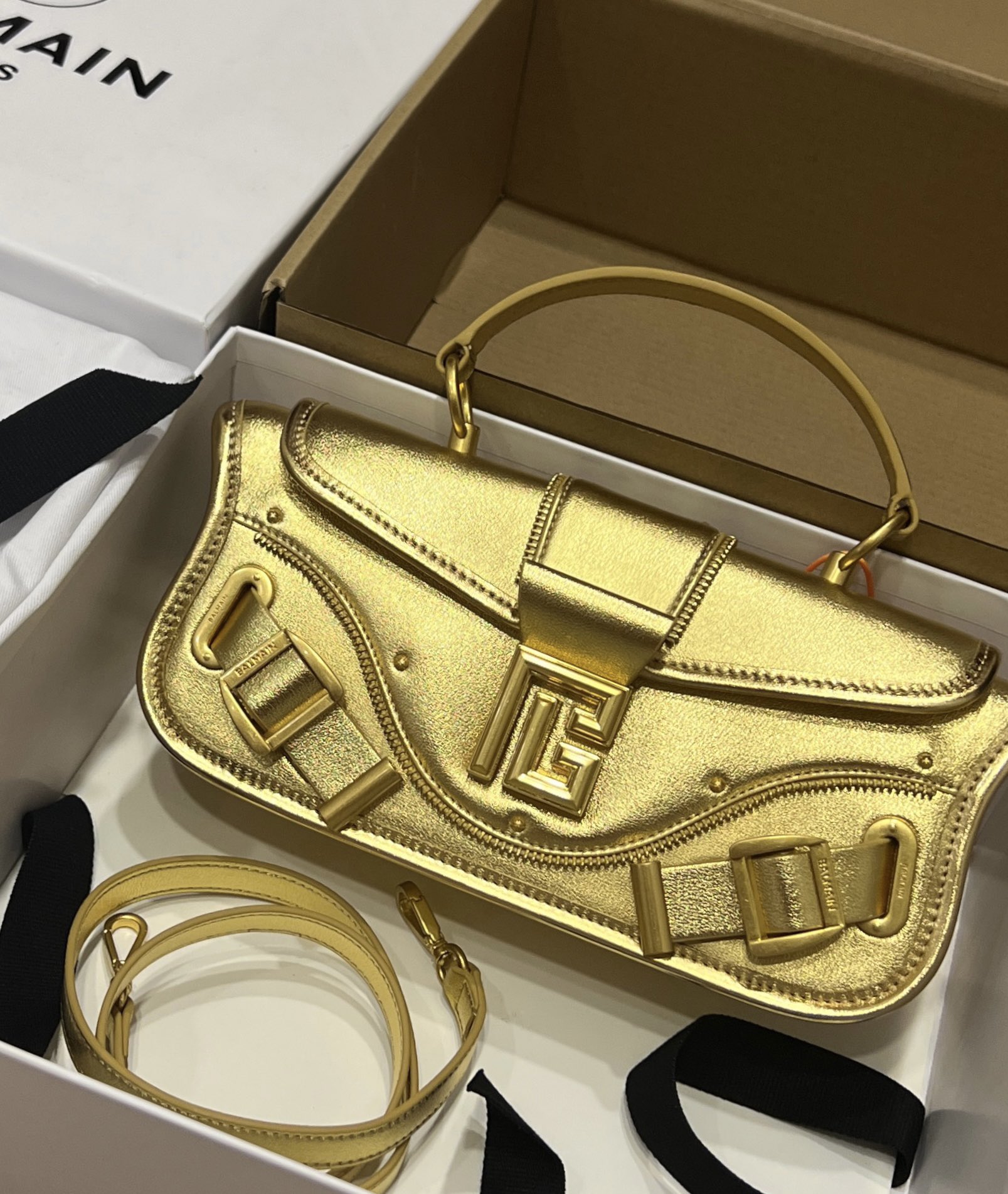 Balmain Leather Blaze Handle Bag w/Strap w/ Tags - gold