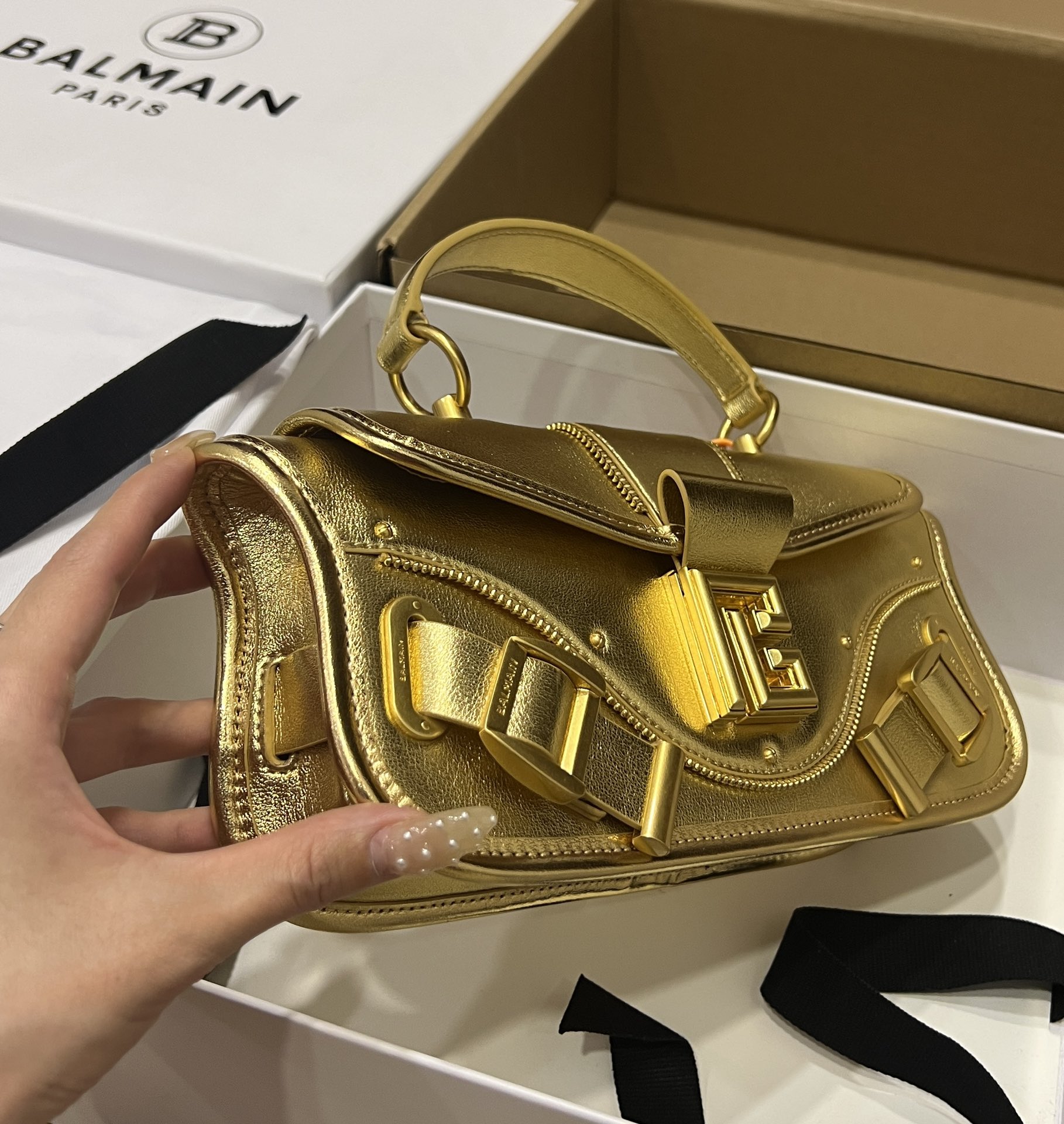 Balmain Leather Blaze Handle Bag w/Strap w/ Tags - gold