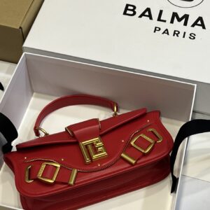 Balmain – Blaze red leather baguette bag with metal logo AN1AE795LSLX