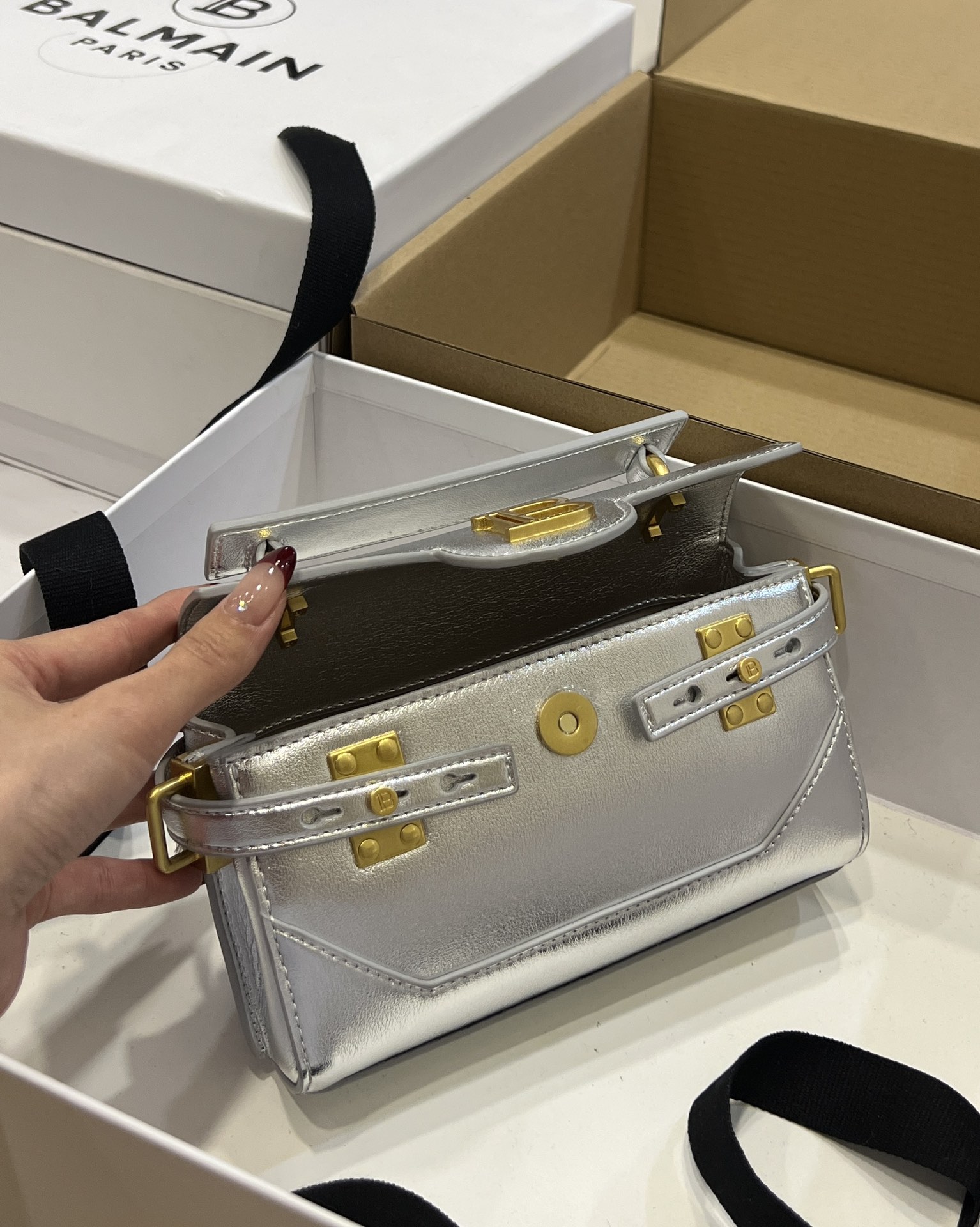Balmain Silver B-Buzz 19 Baguette Bag in Metallic