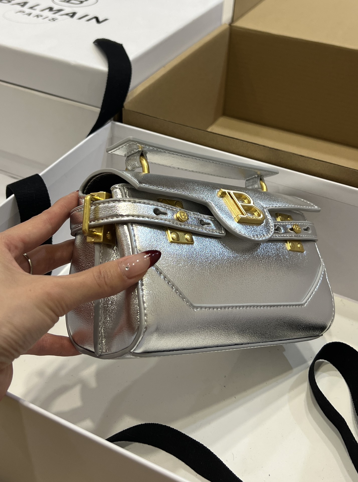 Balmain Silver B-Buzz 19 Baguette Bag in Metallic