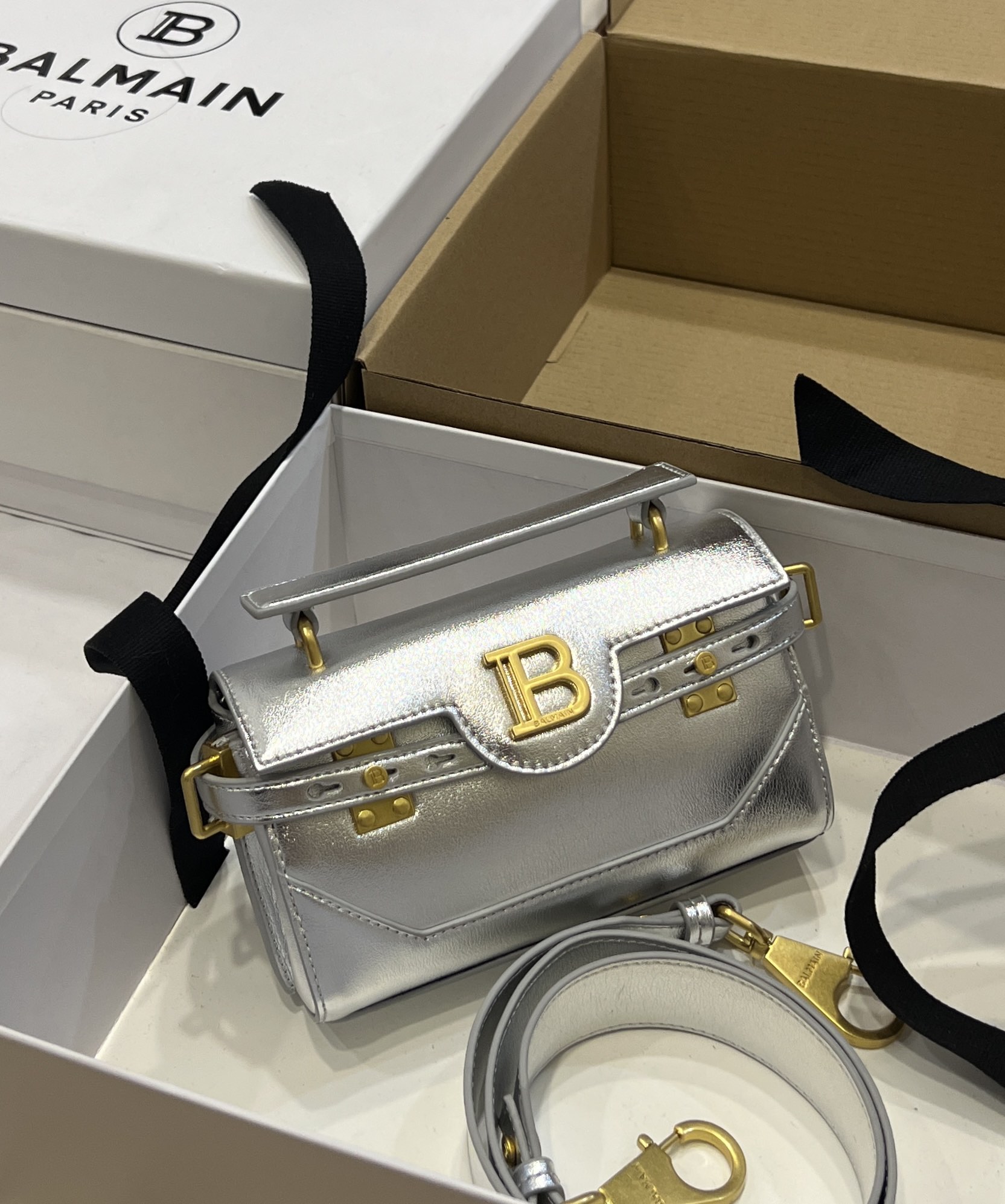 Balmain Silver B-Buzz 19 Baguette Bag in Metallic