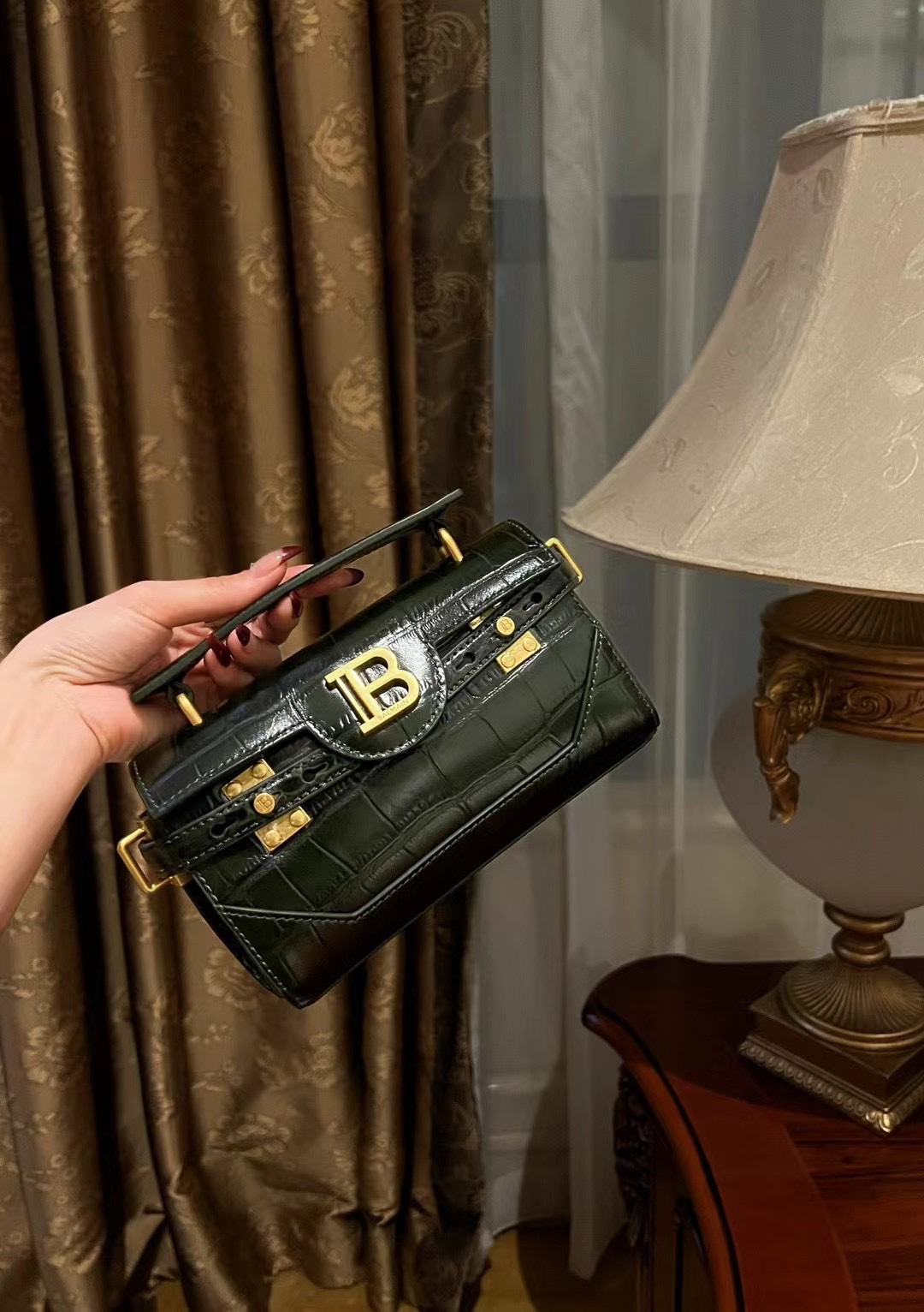 Balmain Black B-Buzz 19 Baguette Bag in Patent Croc-