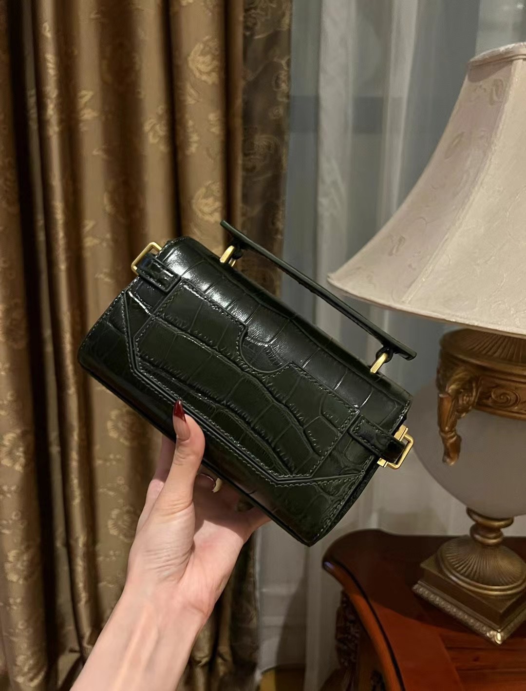 Balmain Black B-Buzz 19 Baguette Bag in Patent Croc-