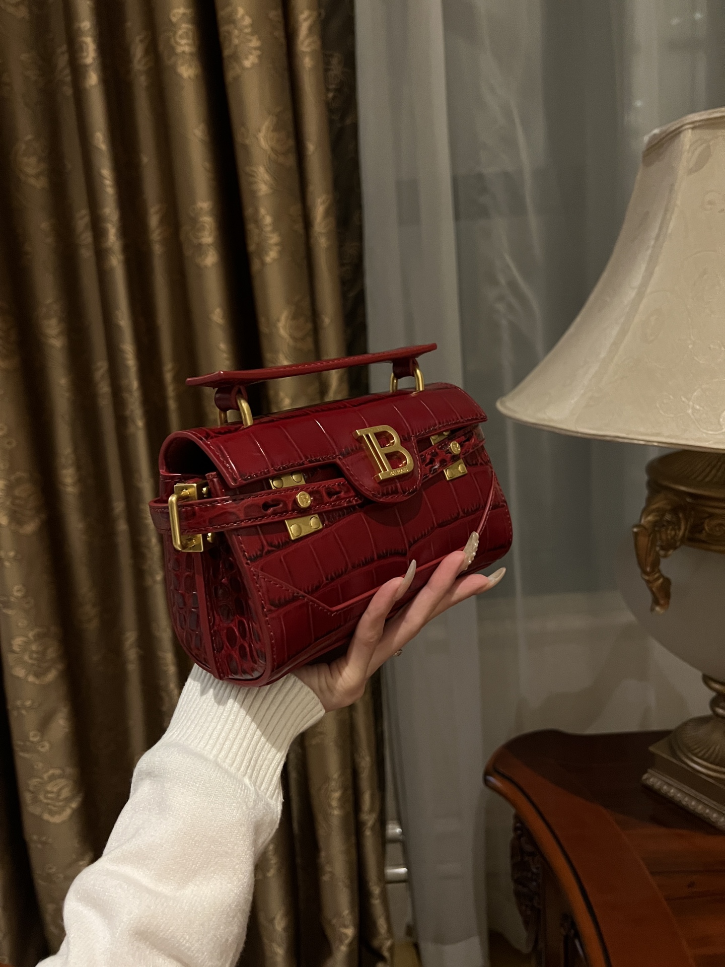 Buy Balmain red B-Buzz 19 Baguette Bag in Croc-embossed Leather For Women