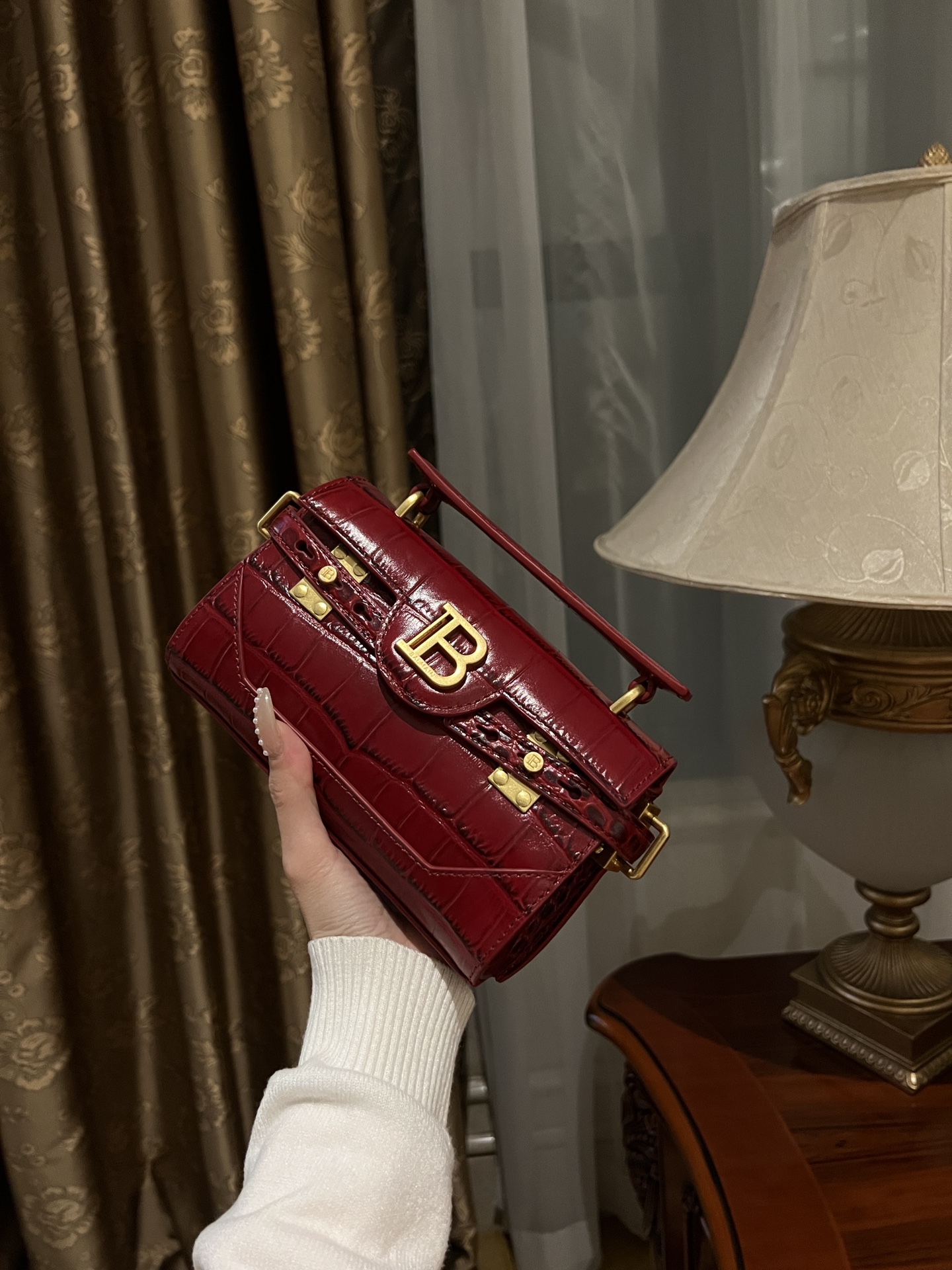 Buy Balmain red B-Buzz 19 Baguette Bag in Croc-embossed Leather For Women