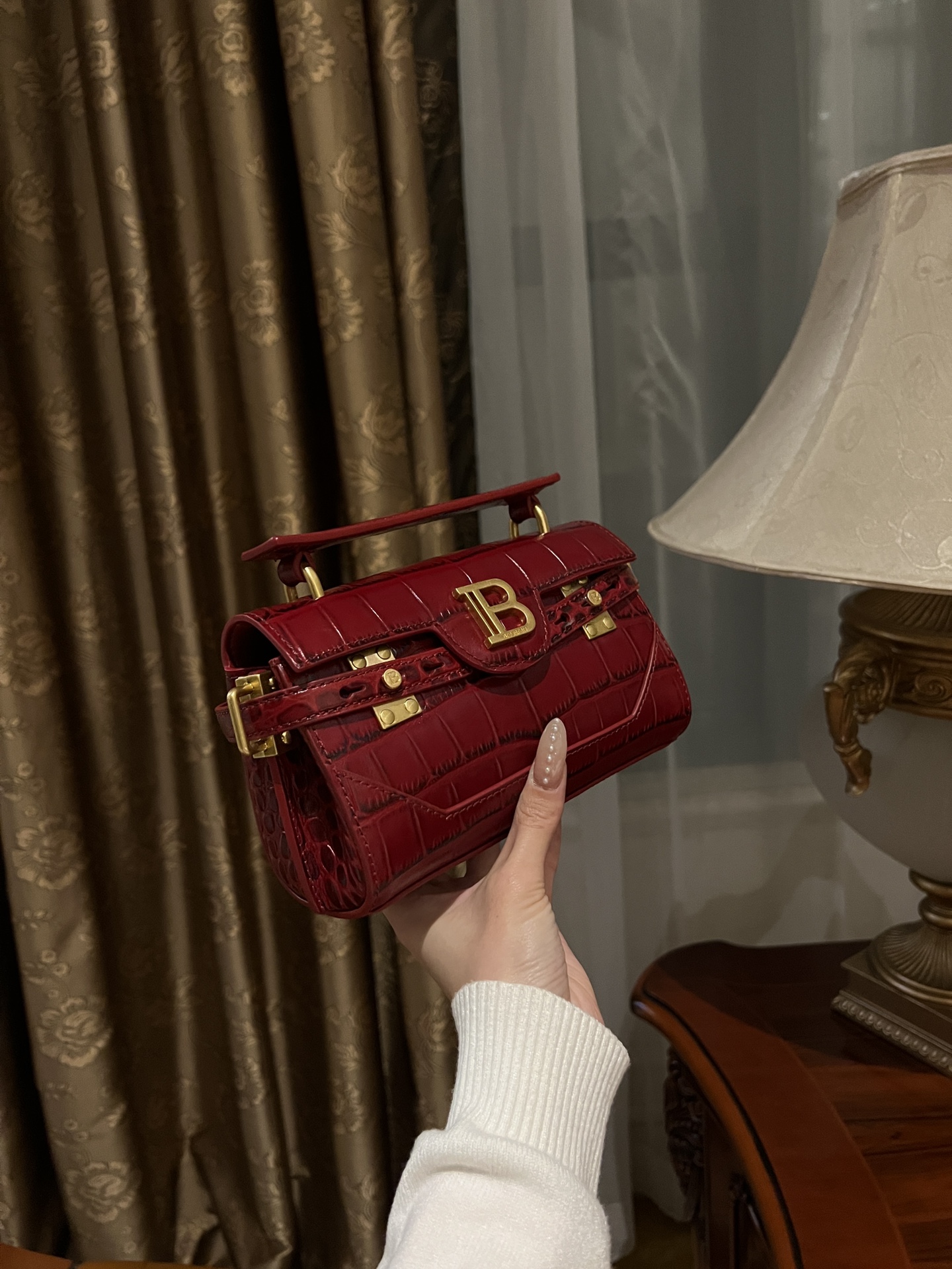 Buy Balmain red B-Buzz 19 Baguette Bag in Croc-embossed Leather For Women
