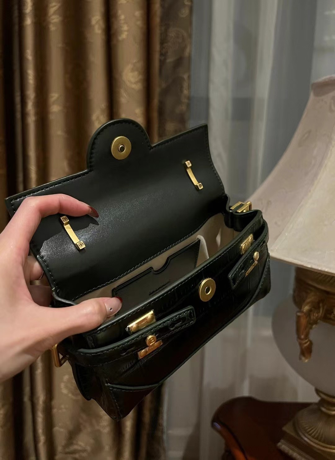 Balmain Black B-Buzz 19 Baguette Bag in Patent Croc-