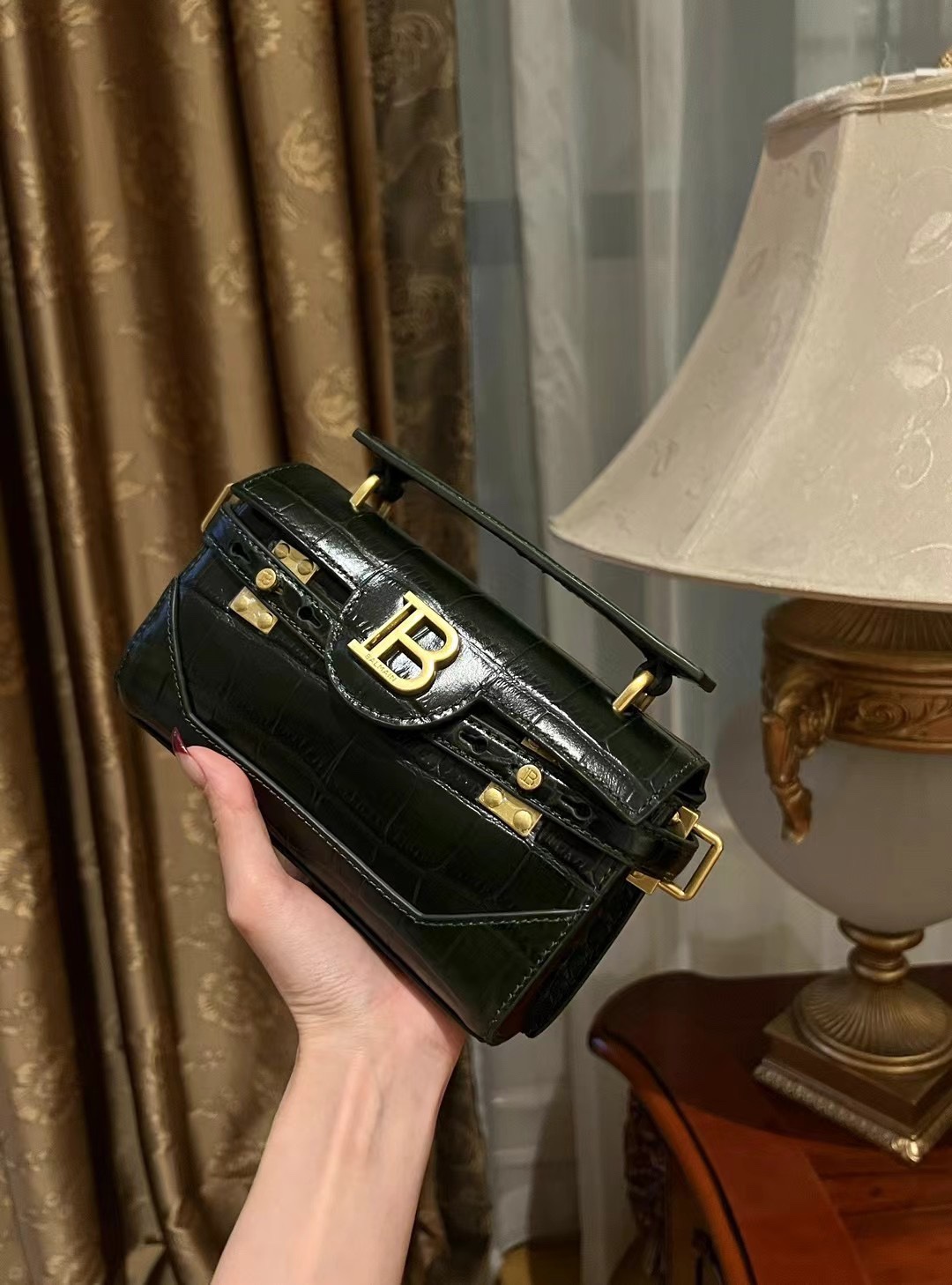 Balmain Black B-Buzz 19 Baguette Bag in Patent Croc-