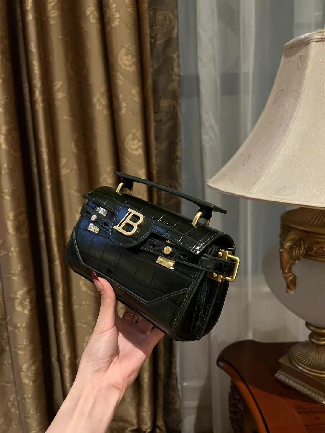 Balmain Black B-Buzz 19 Baguette Bag in Patent Croc-