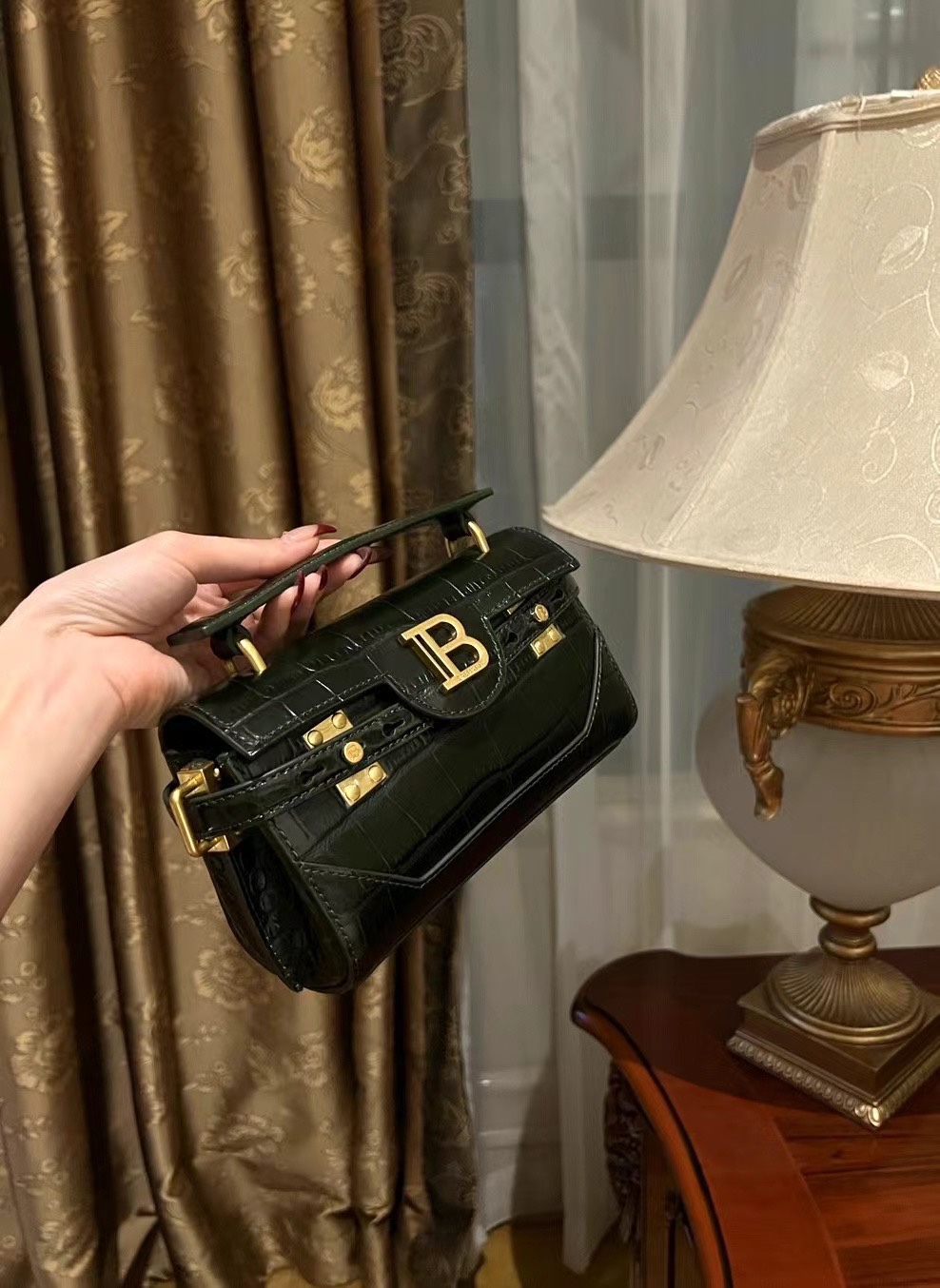 Balmain Black B-Buzz 19 Baguette Bag in Patent Croc-