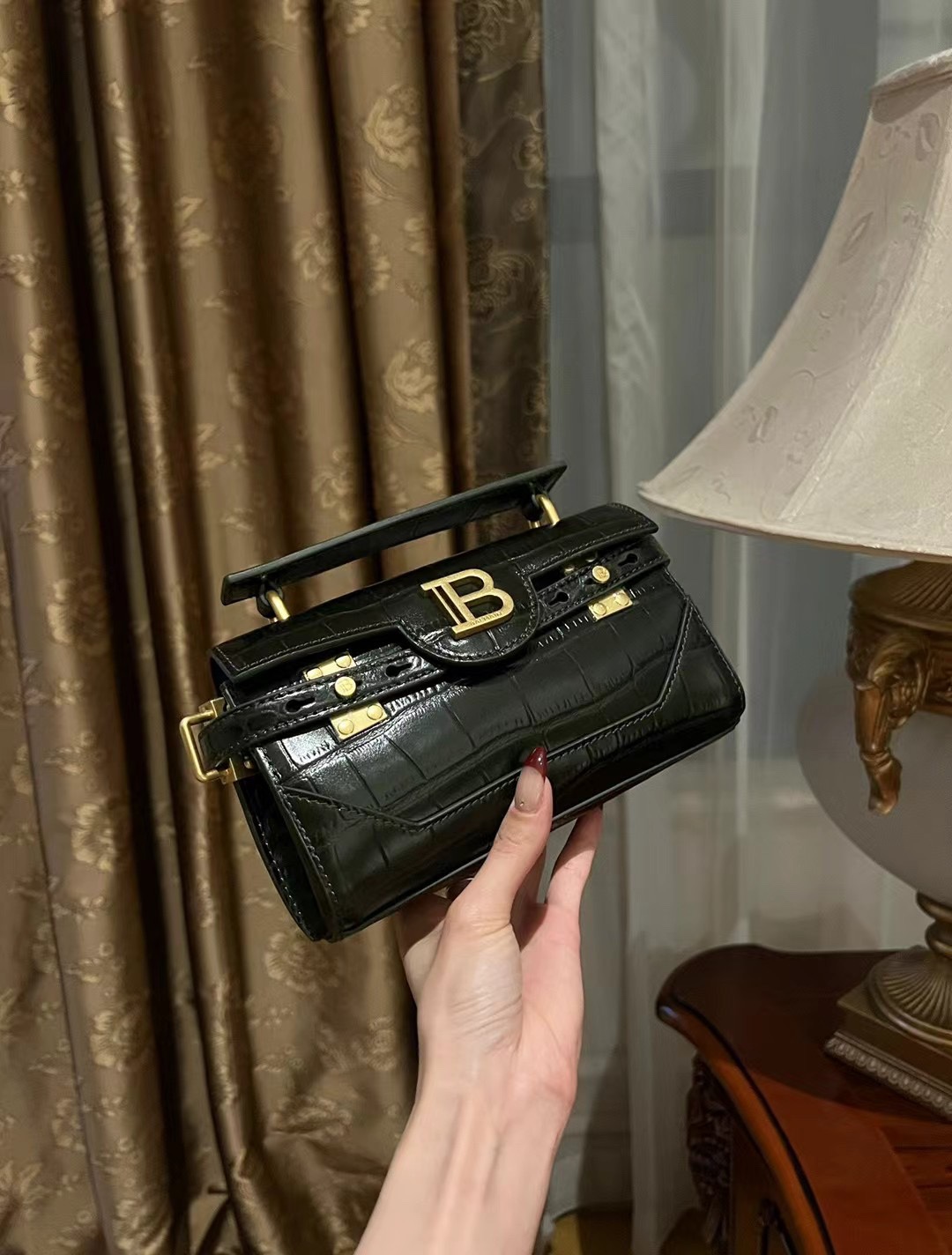 Balmain Black B-Buzz 19 Baguette Bag in Patent Croc-