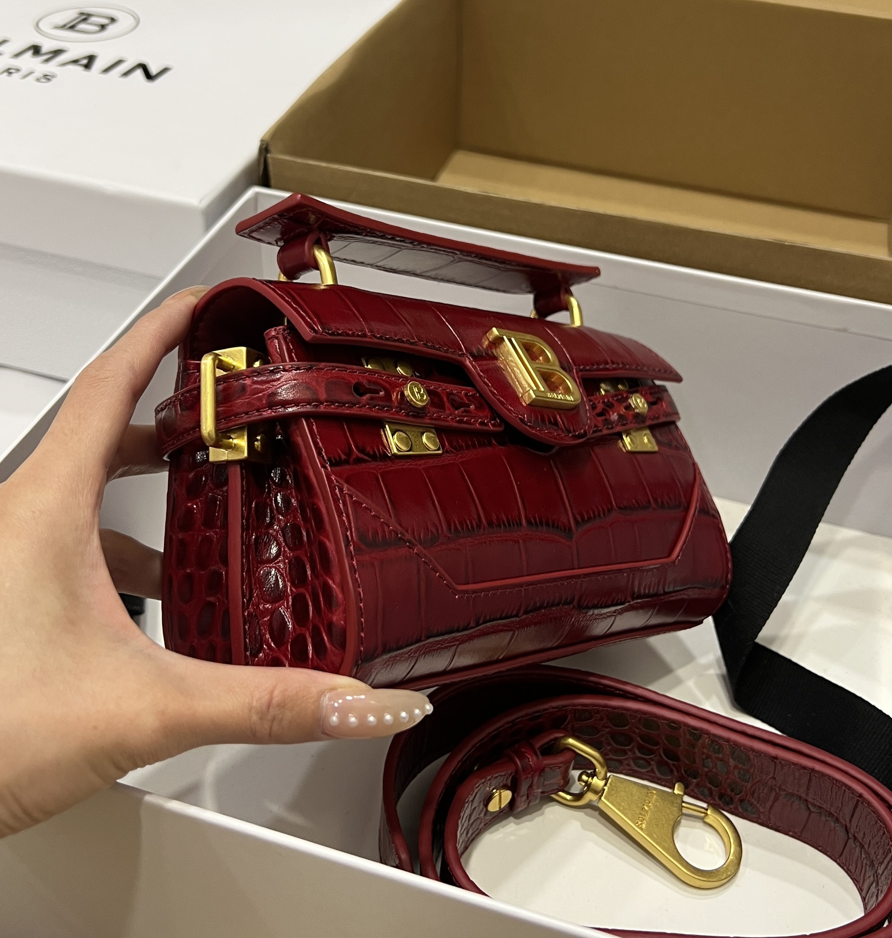 Balmain red Croc Embossed Mini Bag