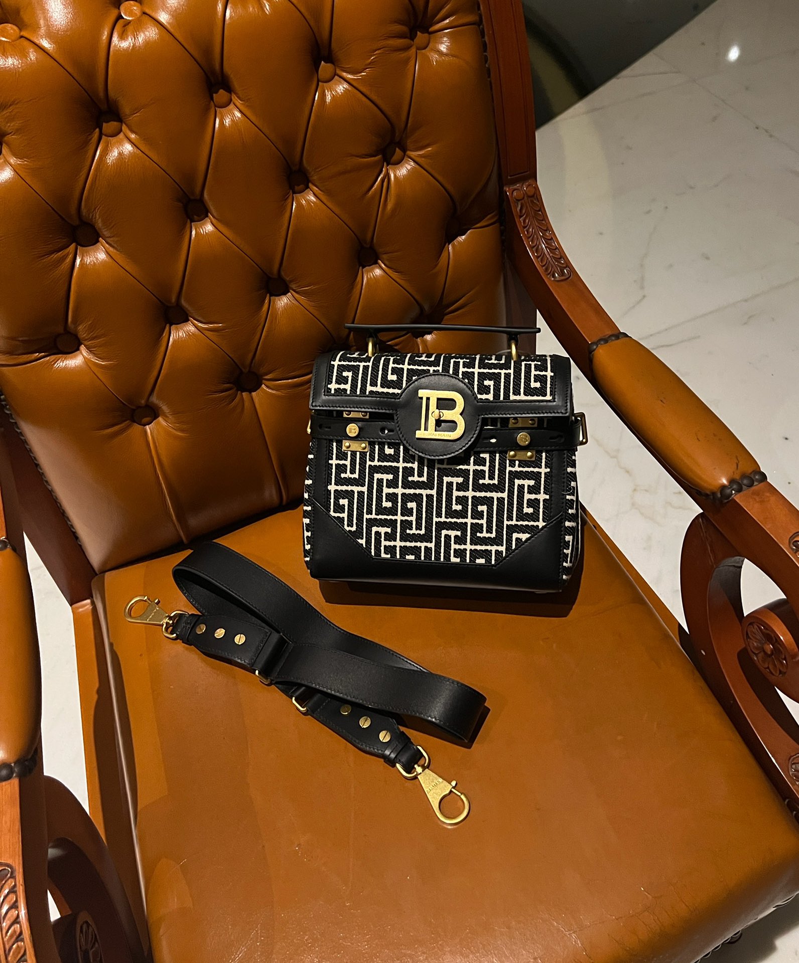 Balmain B-Buzz 23 bag in jacquard and leather black black - Women |