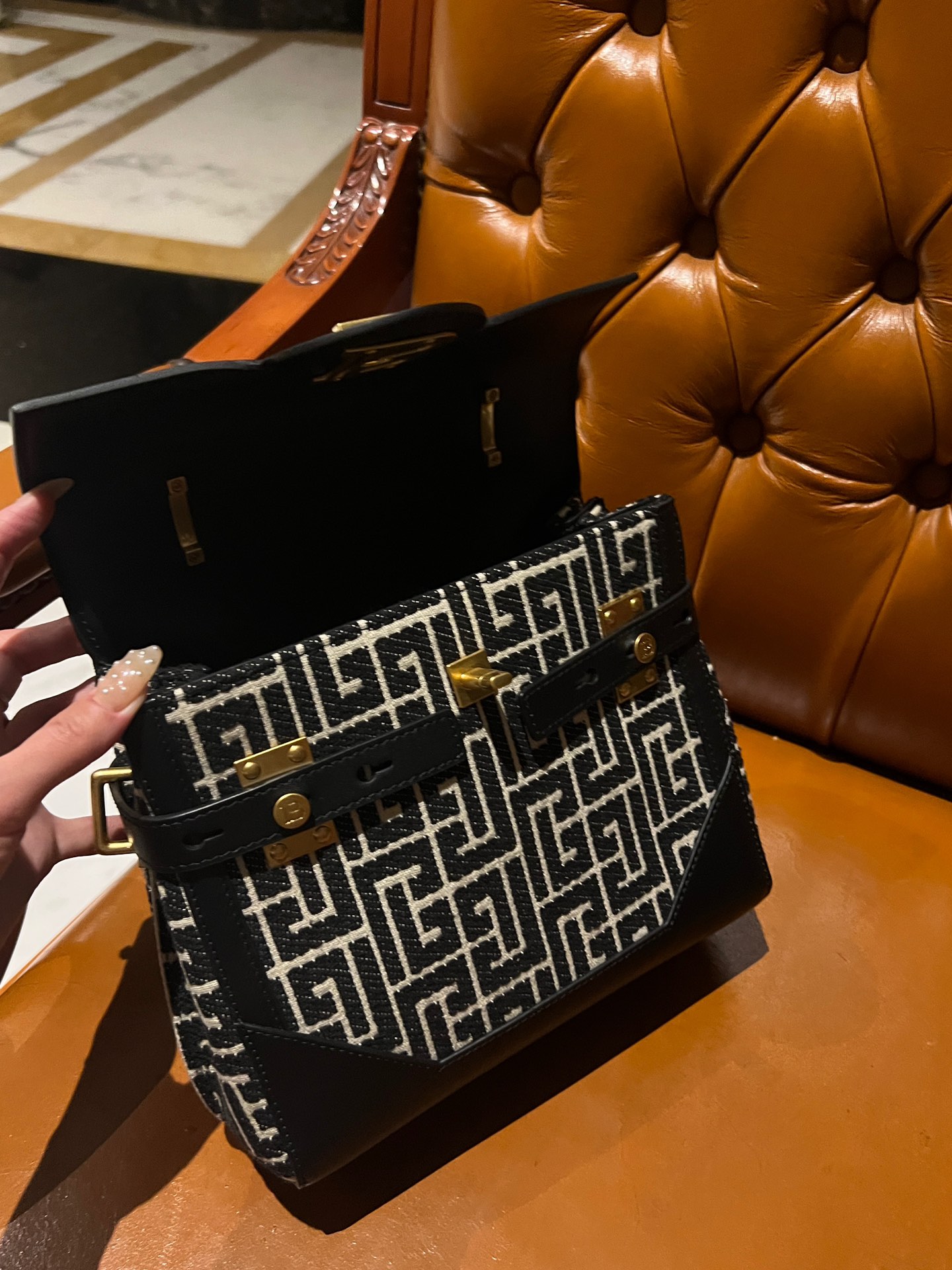 Balmain B-Buzz 23 bag in jacquard and leather black black - Women |