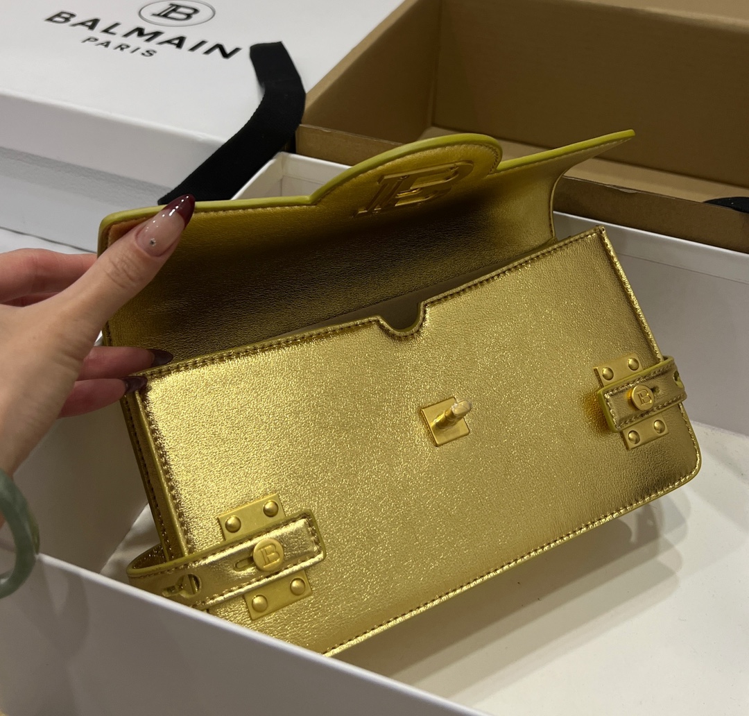 Buy Balmain Gold B-Buzz 24 Shoulder Bag in Leather For