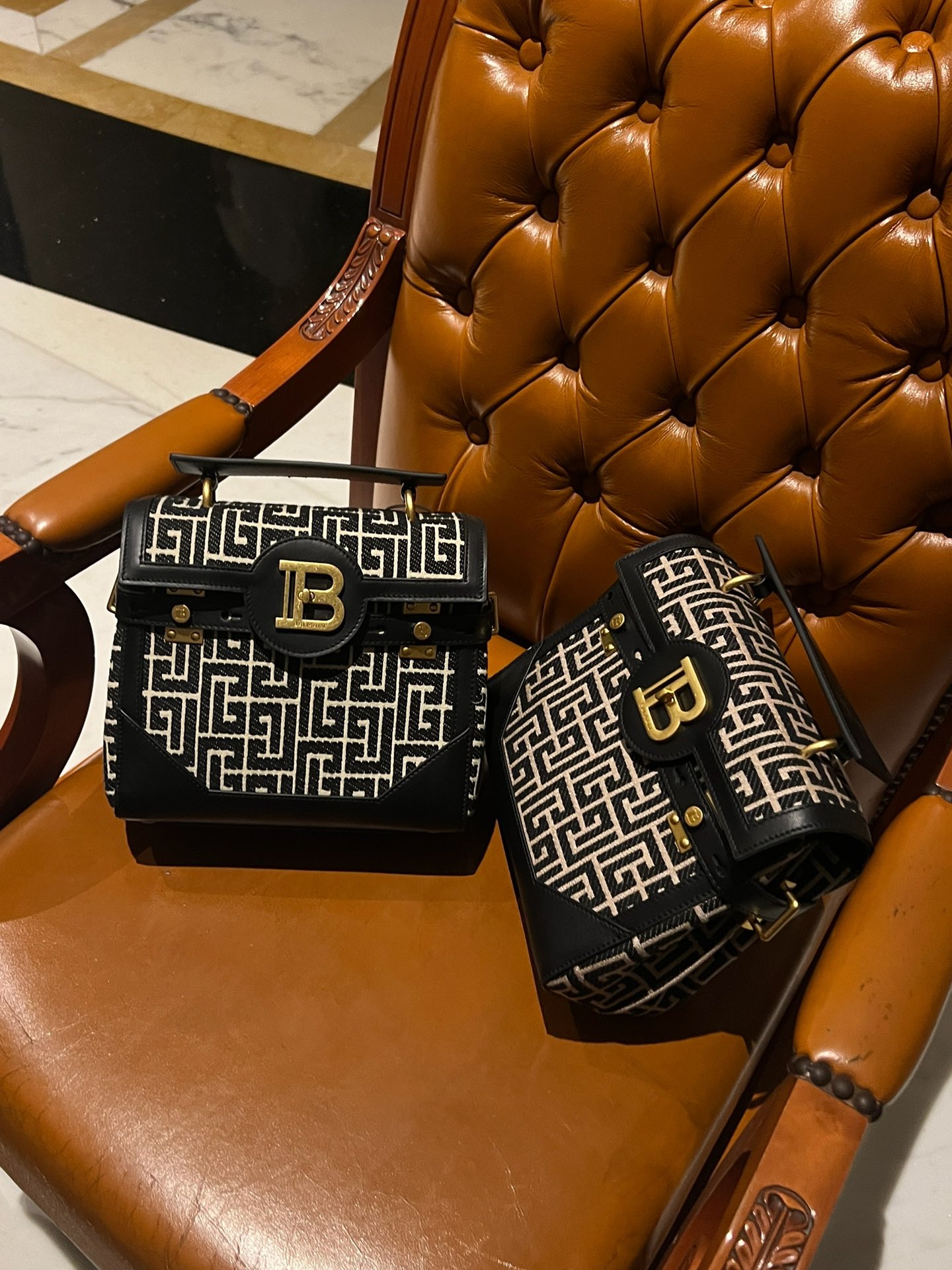 Balmain B-Buzz 23 bag in jacquard and leather black black - Women