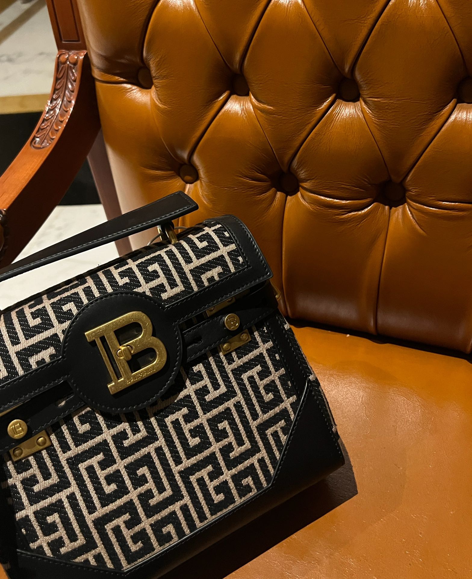 Balmain B-Buzz 23 bag in jacquard and leather black black - Women