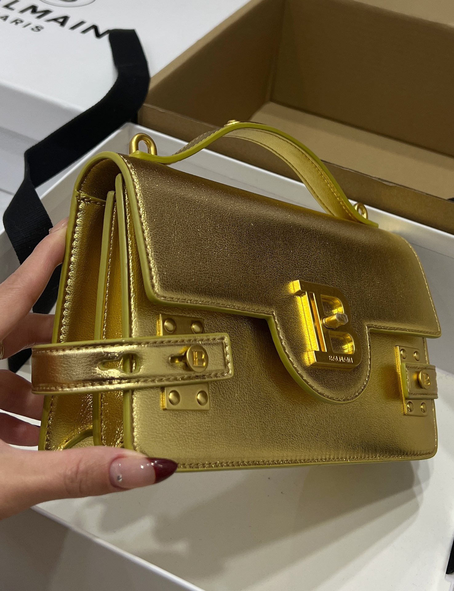 Buy Balmain Gold B-Buzz 24 Shoulder Bag in Leather For