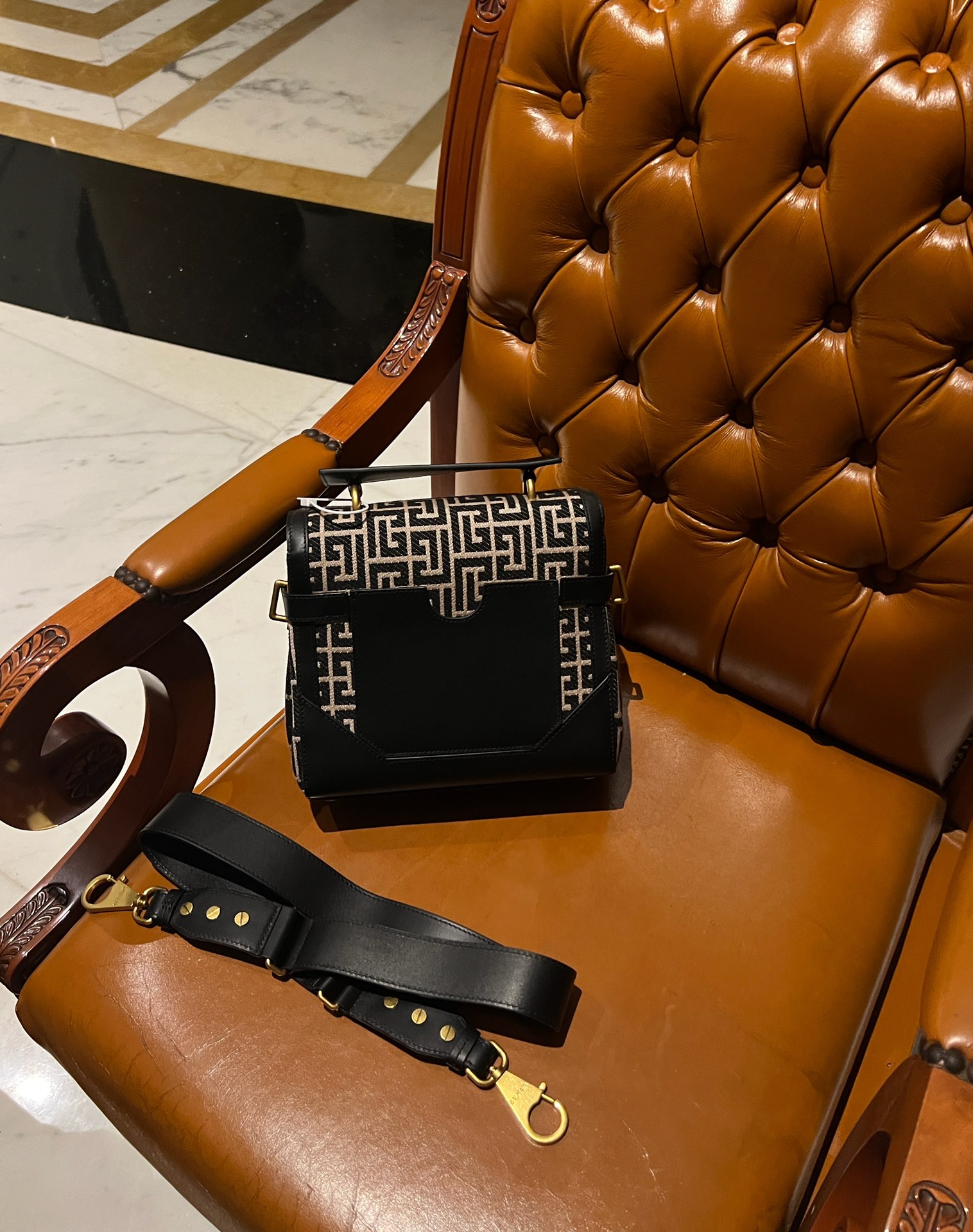 Balmain B-Buzz 23 bag in jacquard and leather black black - Women