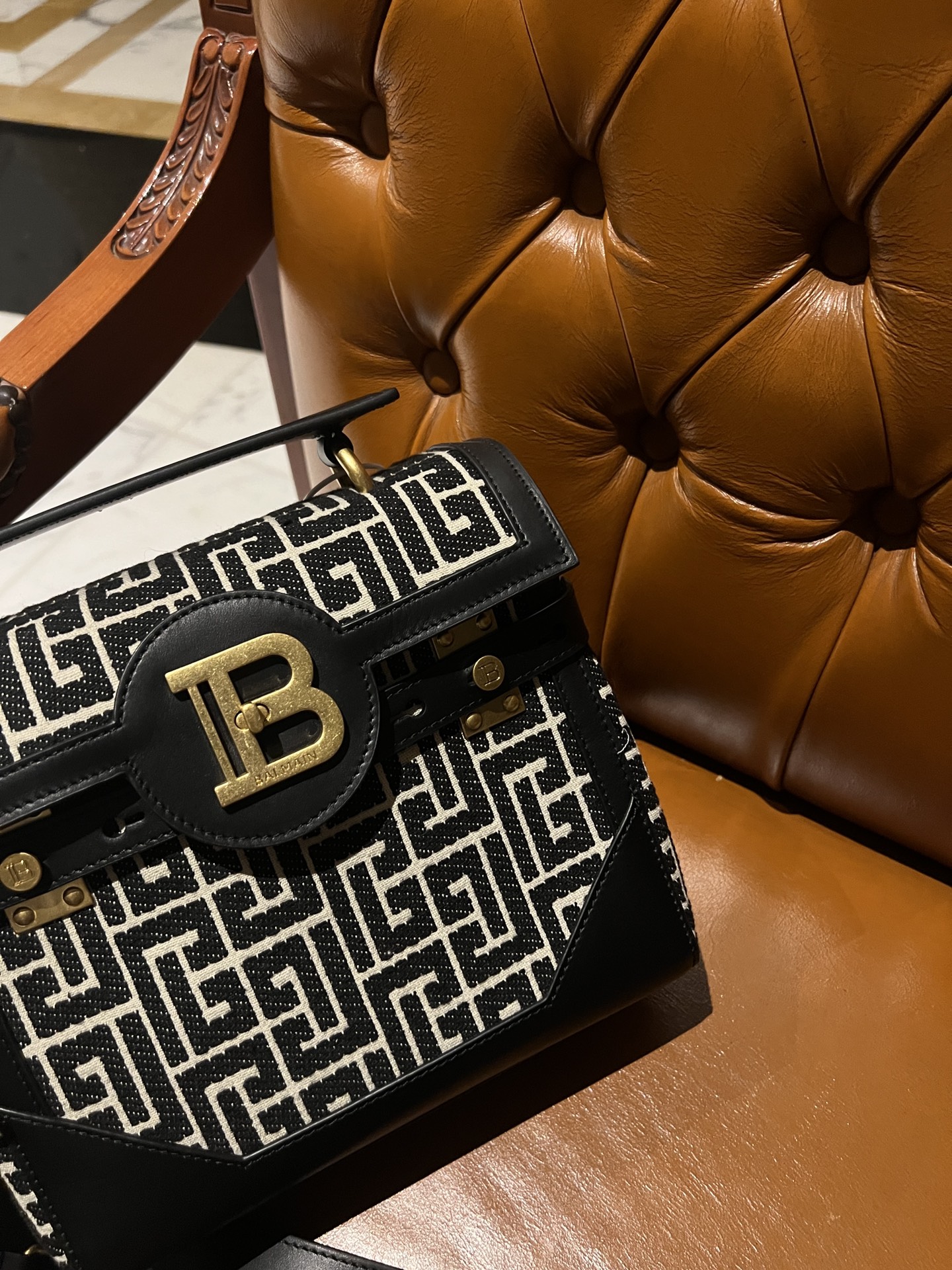 Balmain B-Buzz 23 bag in jacquard and leather black black - Women