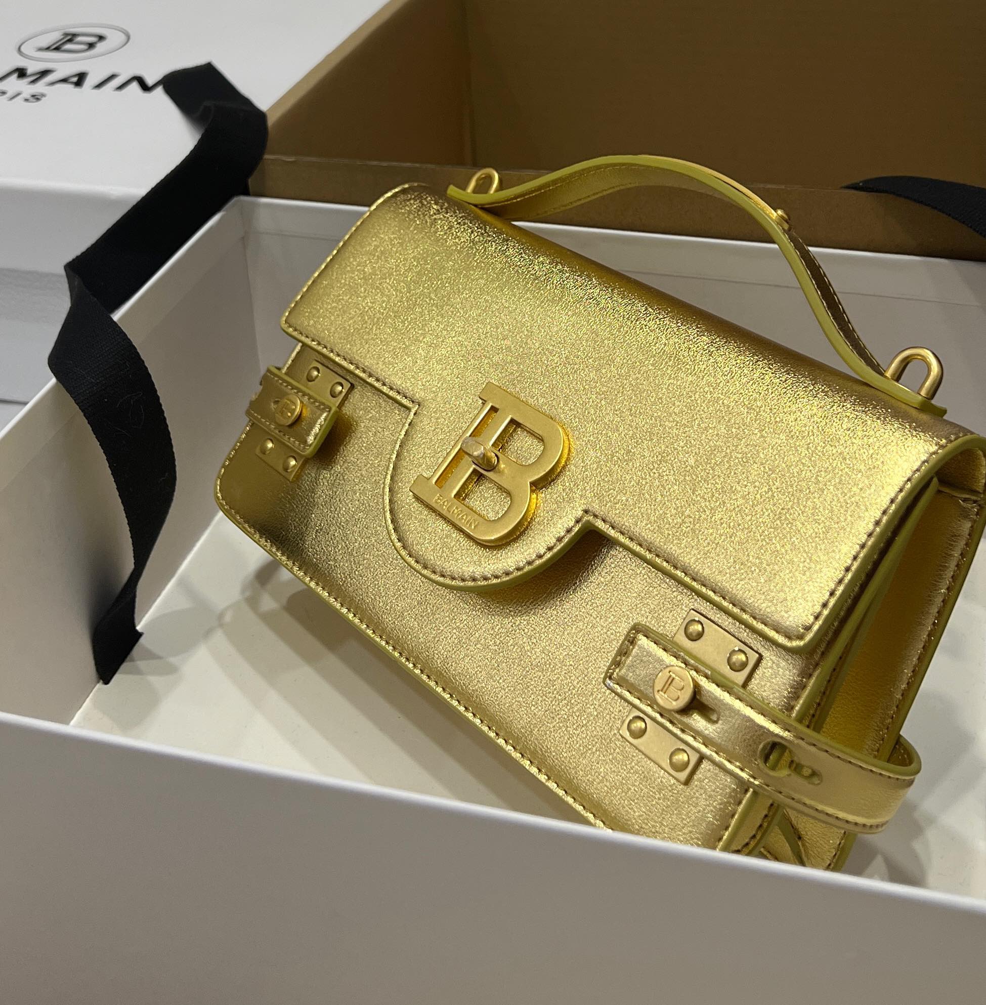 Buy Balmain Gold B-Buzz 24 Shoulder Bag in Leather For