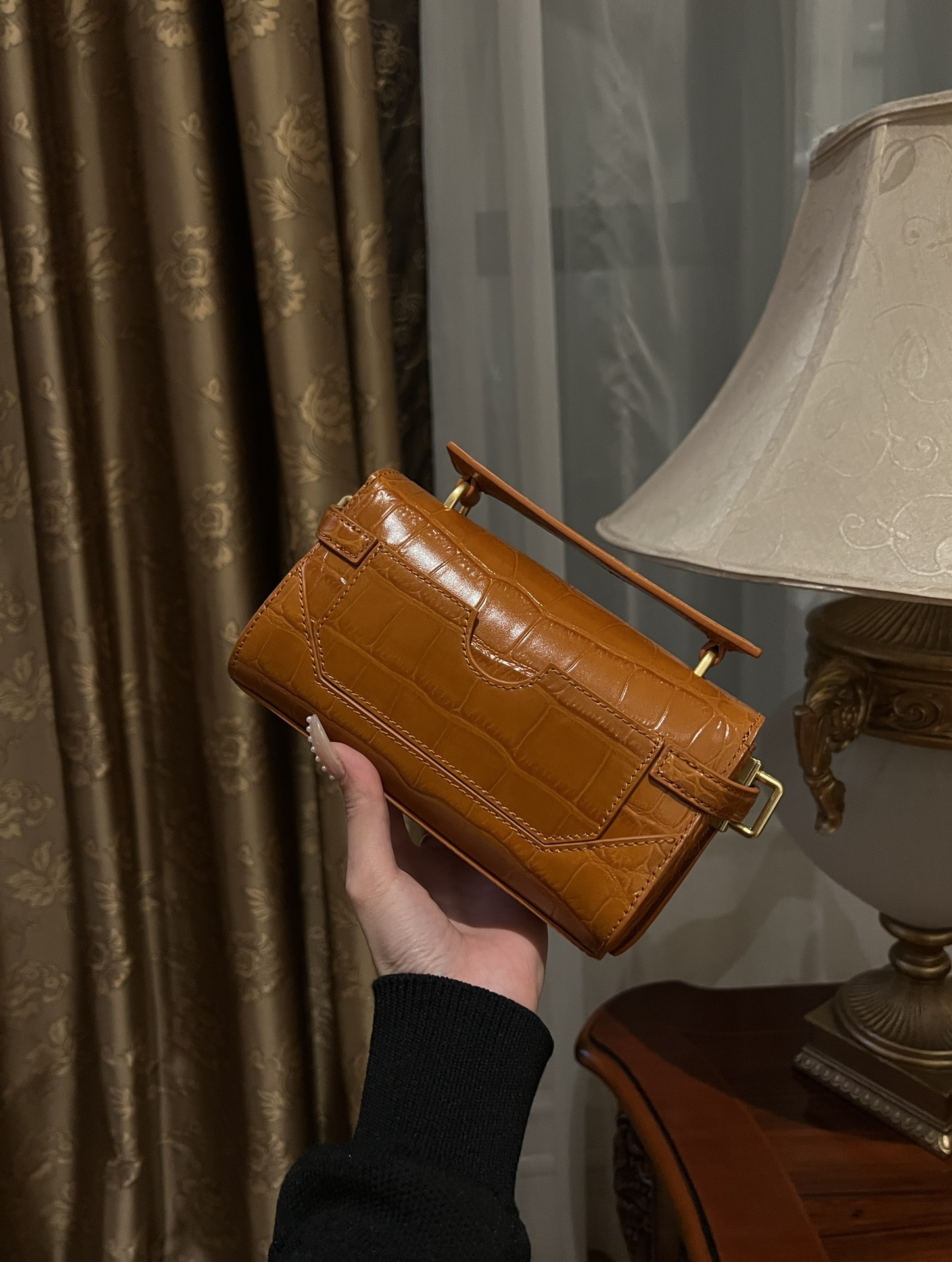 Balmain brown B-Buzz 19 Baguette Bag in Croc-embossed Leather For W
