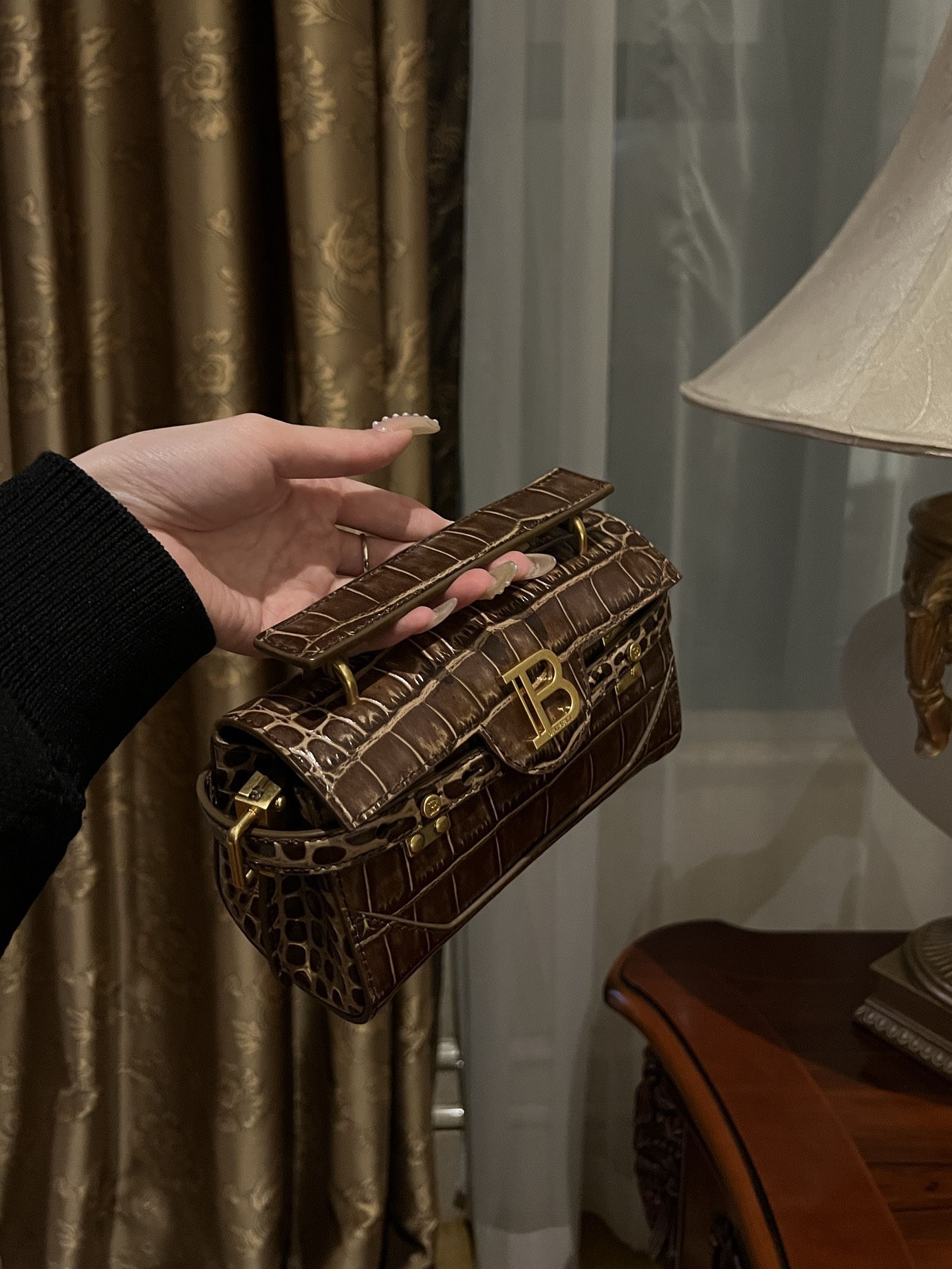 Balmain Brown Croc B-Buzz 19 Baguette Bag Balmain