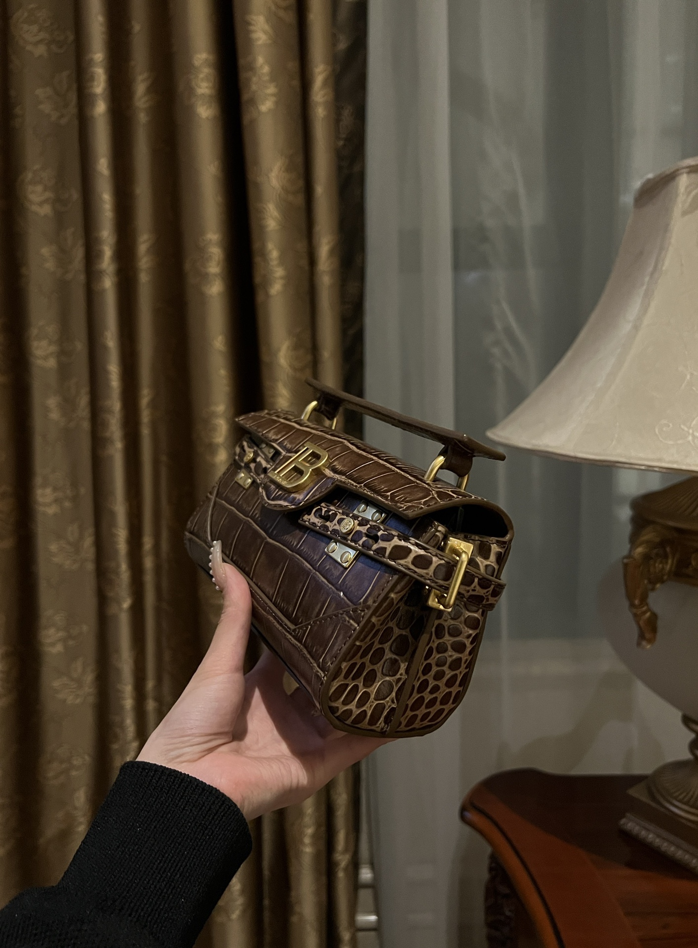 Balmain Brown Croc B-Buzz 19 Baguette Bag Balmain